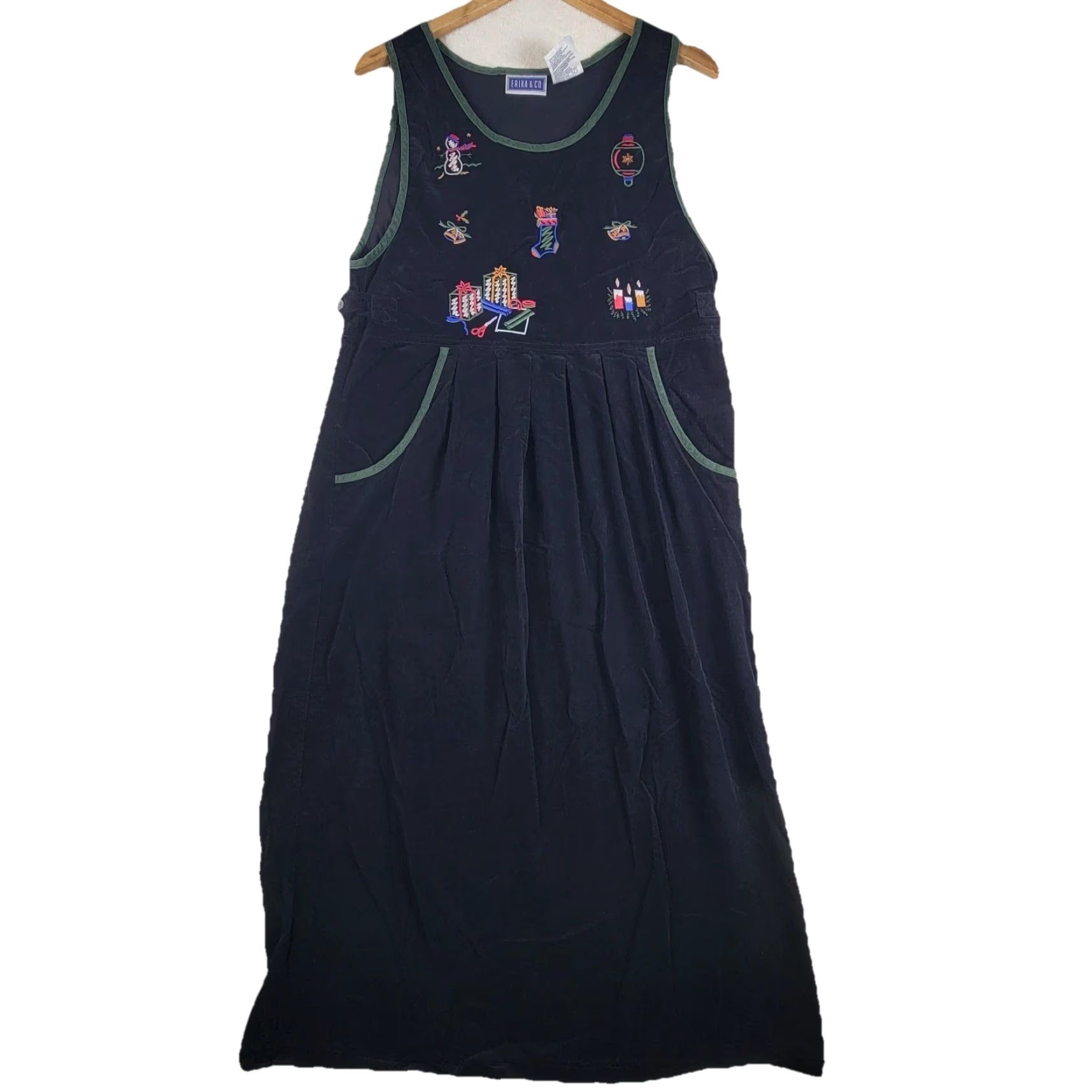 Vintage VINTAGE Christopher & Banks Holiday Jumper Dress Womens Green Corduroy Long Sleeveless Snowman Embroidered 90s Christmas Winter Party/Cocktail Casual Size M / US 6-8 / IT 42-44 - 2 Thumbnail