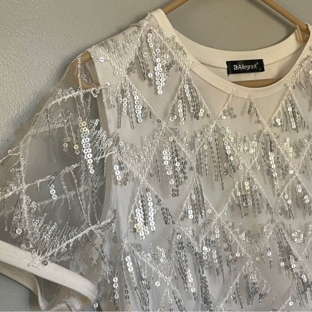 Designer Allegra K Women's Glitter Crop Top Short Sleeves White Large Size XL / US 12-14 / IT 48-50 - 4 Thumbnail