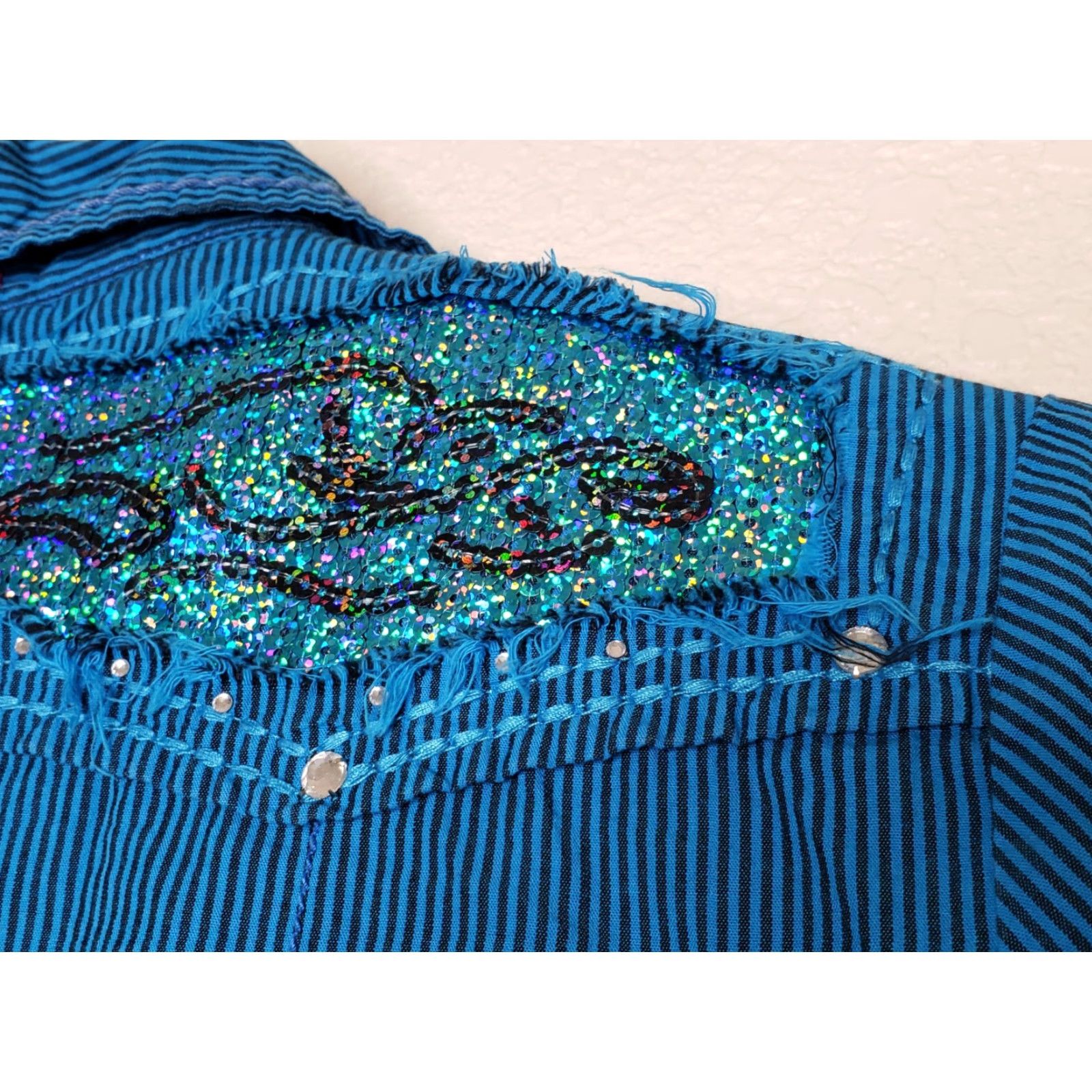 Roar Roar Western Top - Women - Button-Up Collared Long Sleeve - Size M - Blue Black Stripe - Pockets - Lightweight Cotton Size M / US 6-8 / IT 42-44 - 5 Thumbnail
