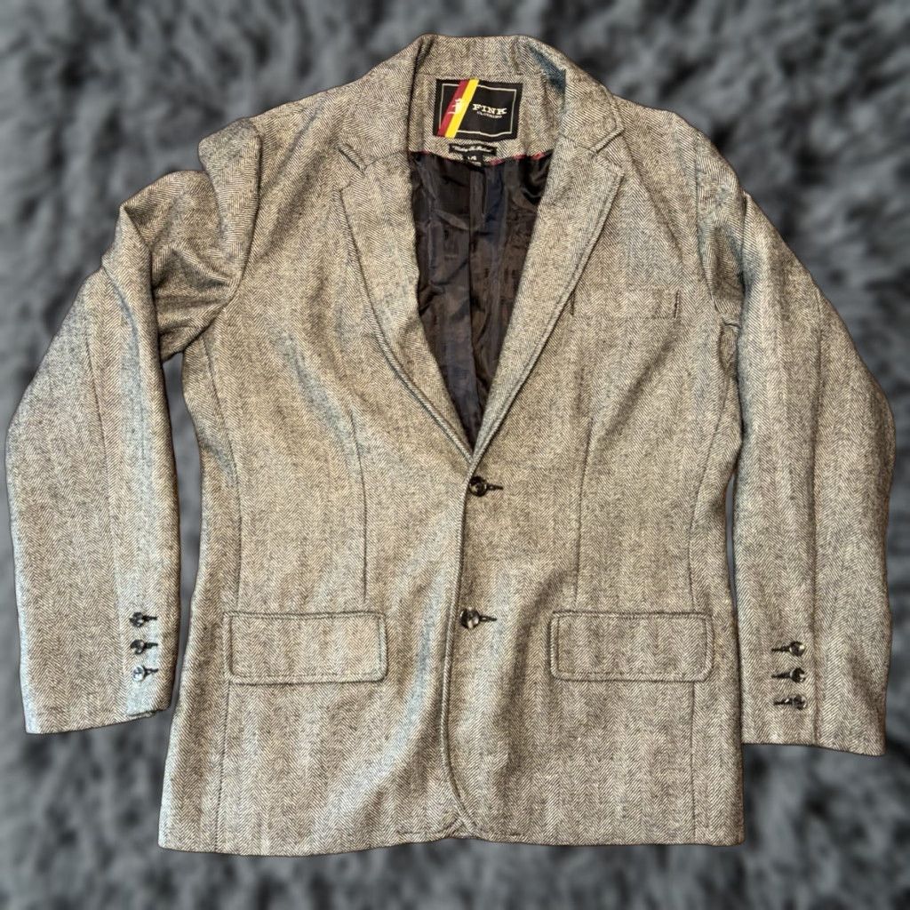 Vintage Fink Men’s Herringbone Jacket Chore Coat Blazer Wool Tweed Gray L Regular Button Pocketed Size 42R - 1 Thumbnail