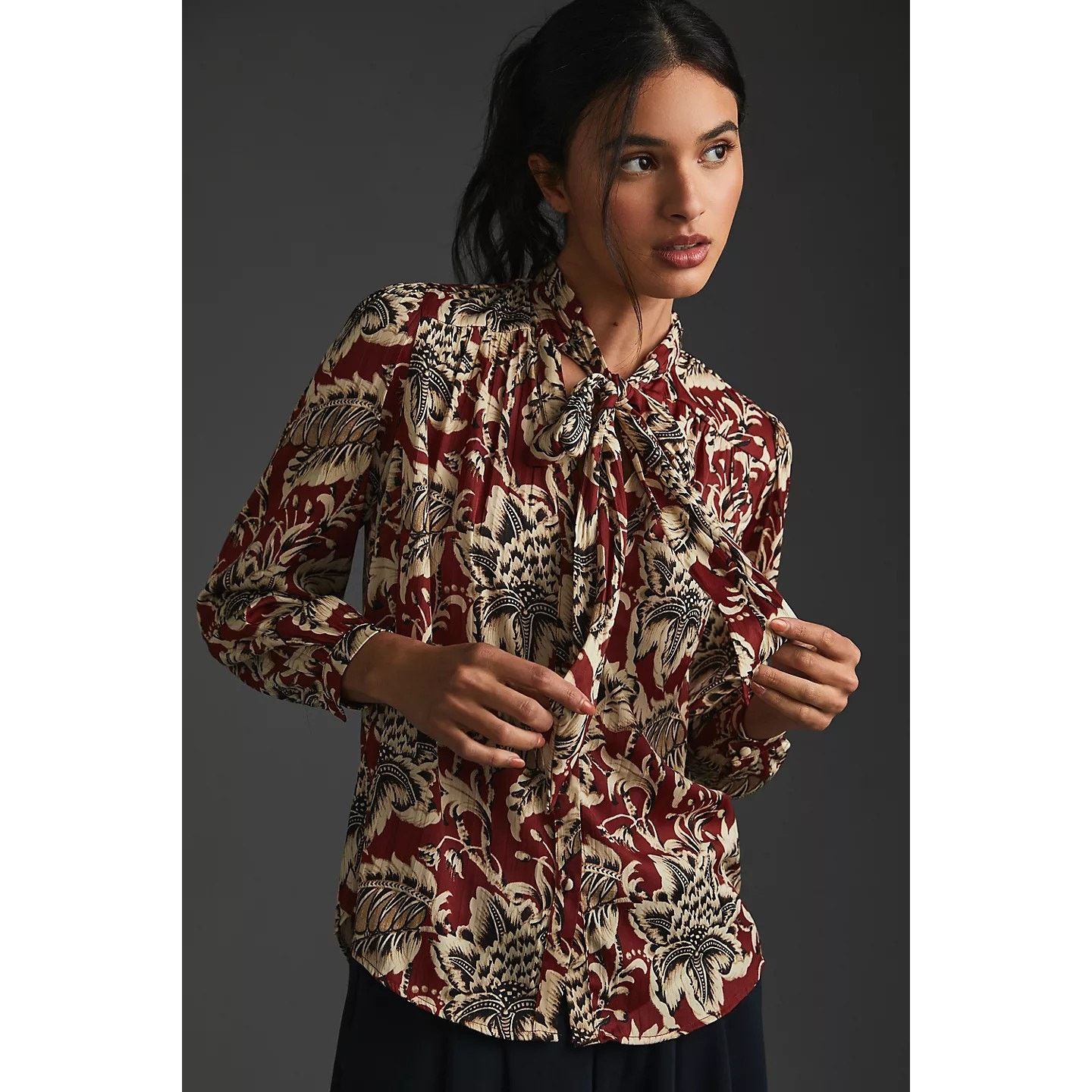 Anthropologie New By Anthropologie Tie-Neck Blouse $128 X-SMALL Brown Size XS / US 0-2 / IT 36-38 - 4 Thumbnail
