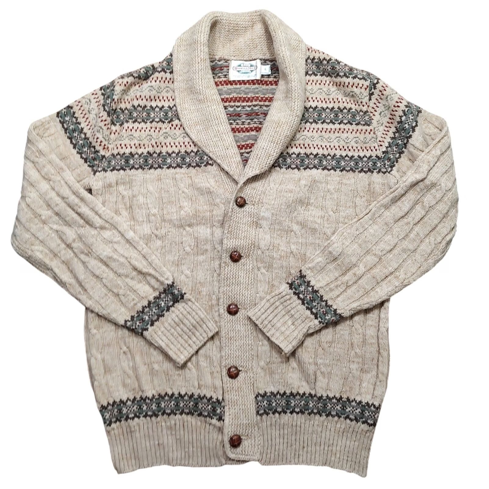 MILLY VINTAGE The Woolen Mill Cardigan Mens L Tan Knit Cable-Knit Striped Fisherman Button Sweater United States Size US L / EU 52-54 / 3 - 2 Thumbnail
