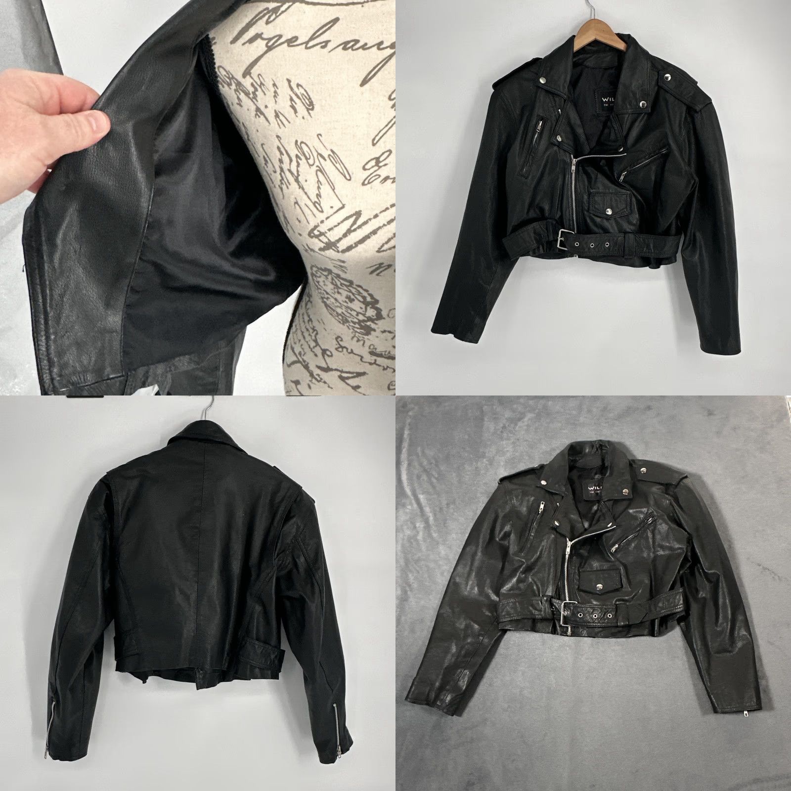 Vintage VINTAGE Wilsons Leather Jacket Womens Large Black Cropped Moto Belted Zip Biker Punk Jacket Size L / US 10 / IT 46 - 9 Thumbnail