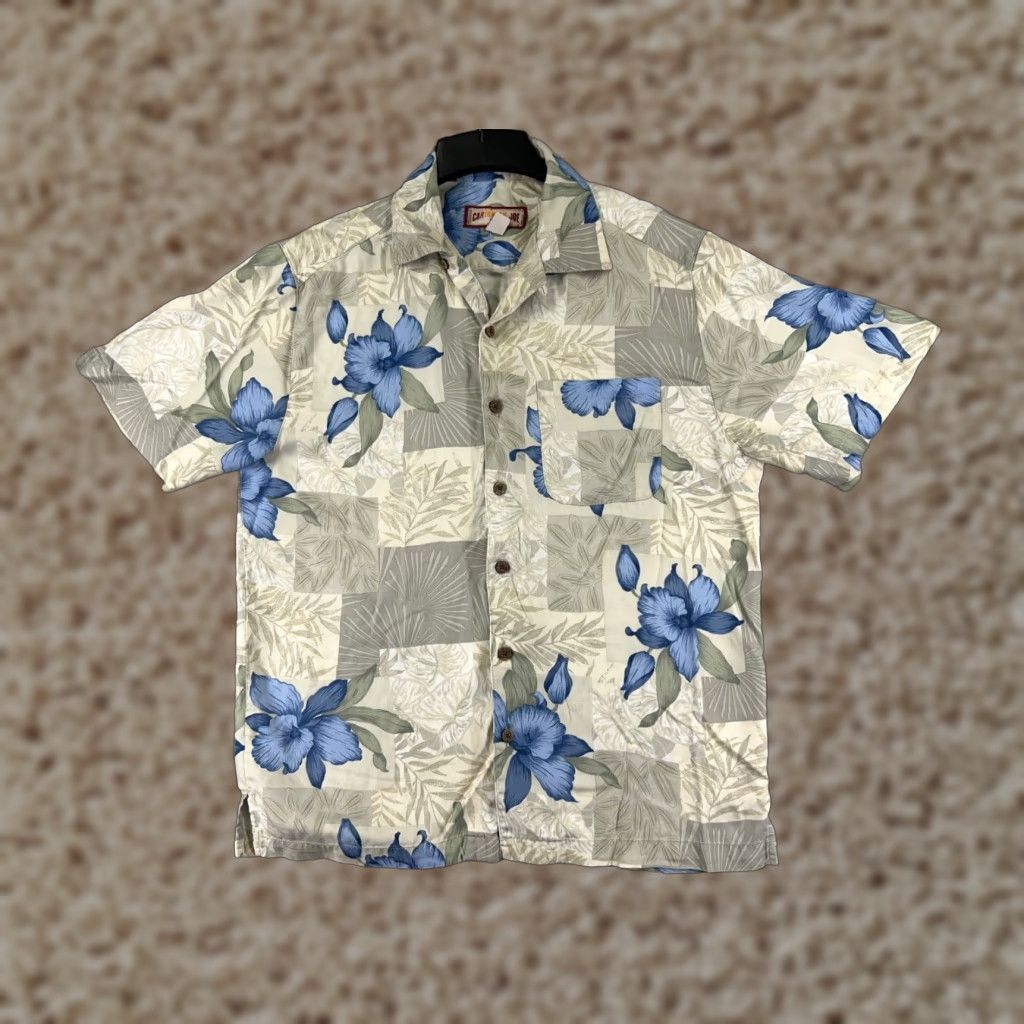Vintage Caribbean Joe Shirt Adult Medium Beige Blue Floral Hawaiian 100% Rayon Button-Up Size US M / EU 48-50 / 2 - 1 Thumbnail