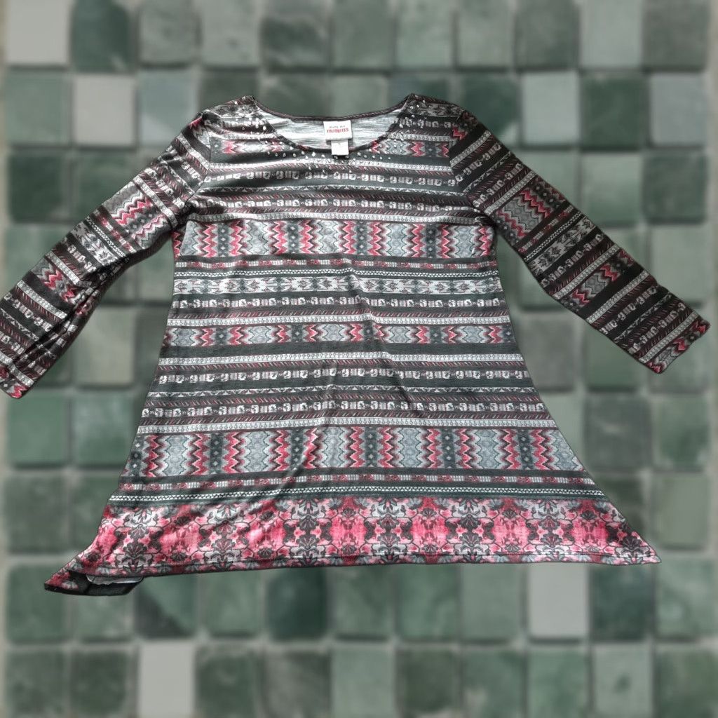 Vintage Ruby Rd Woman's Top Blouse Long Sleeve S Pink Embellished Polyester Gray Small Womens Size S / US 4 / IT 40 - 1 Thumbnail