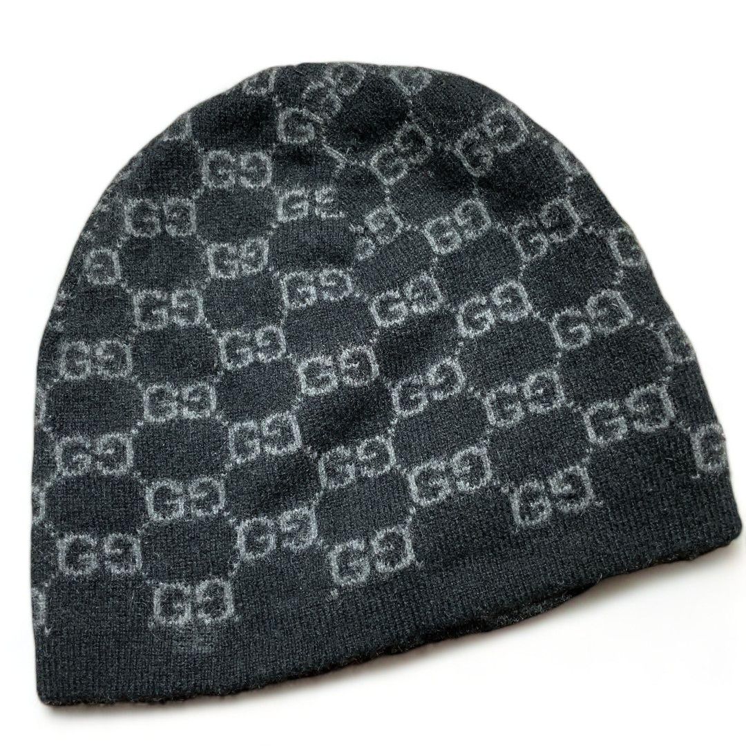 image of Gucci - Wool Beanie Gray Black GG Mongram in Grey, Men's