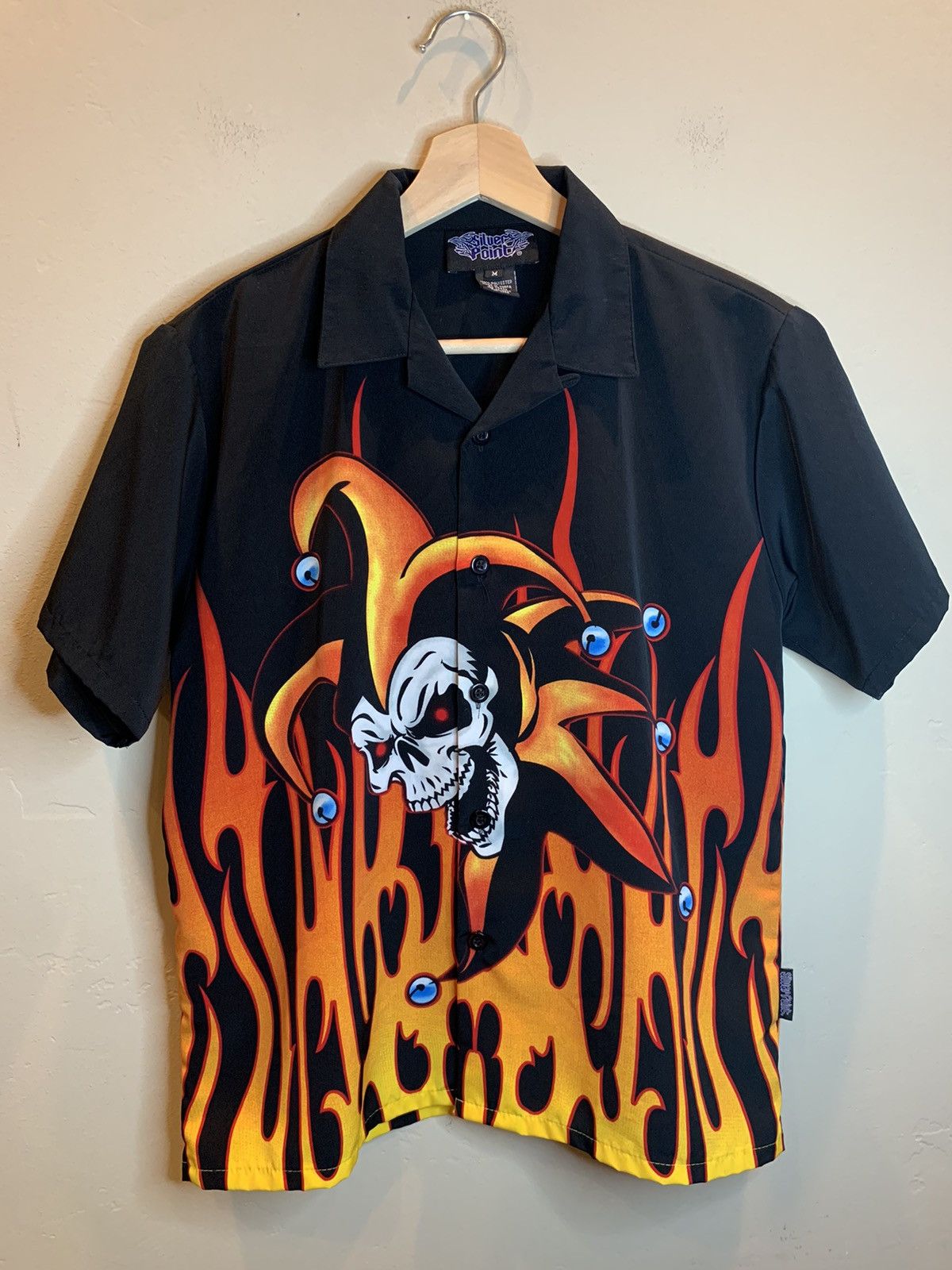 image of Vintage Flame Skull Joker Jester Flaming Button Shirt in Black, Men's (Size Medium)
