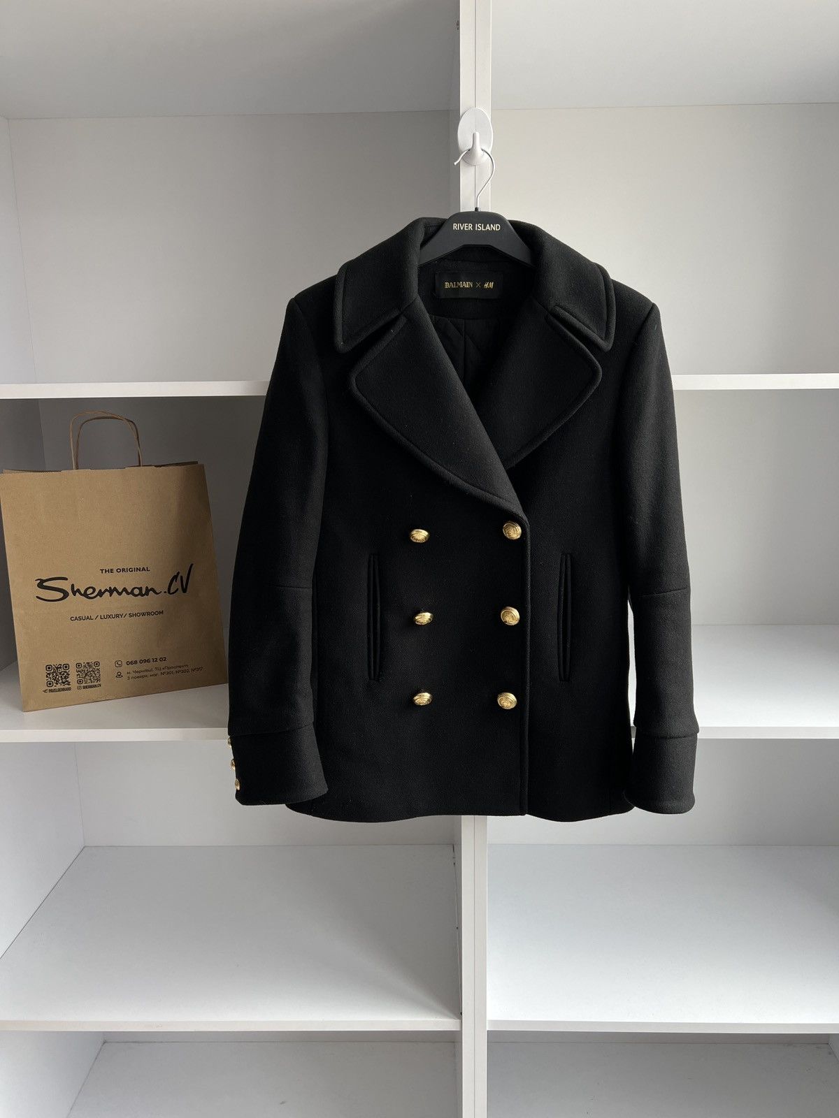 image of Vintage Balmain X H&m Black Double Breasted Wool Coat Womens (Size XS)