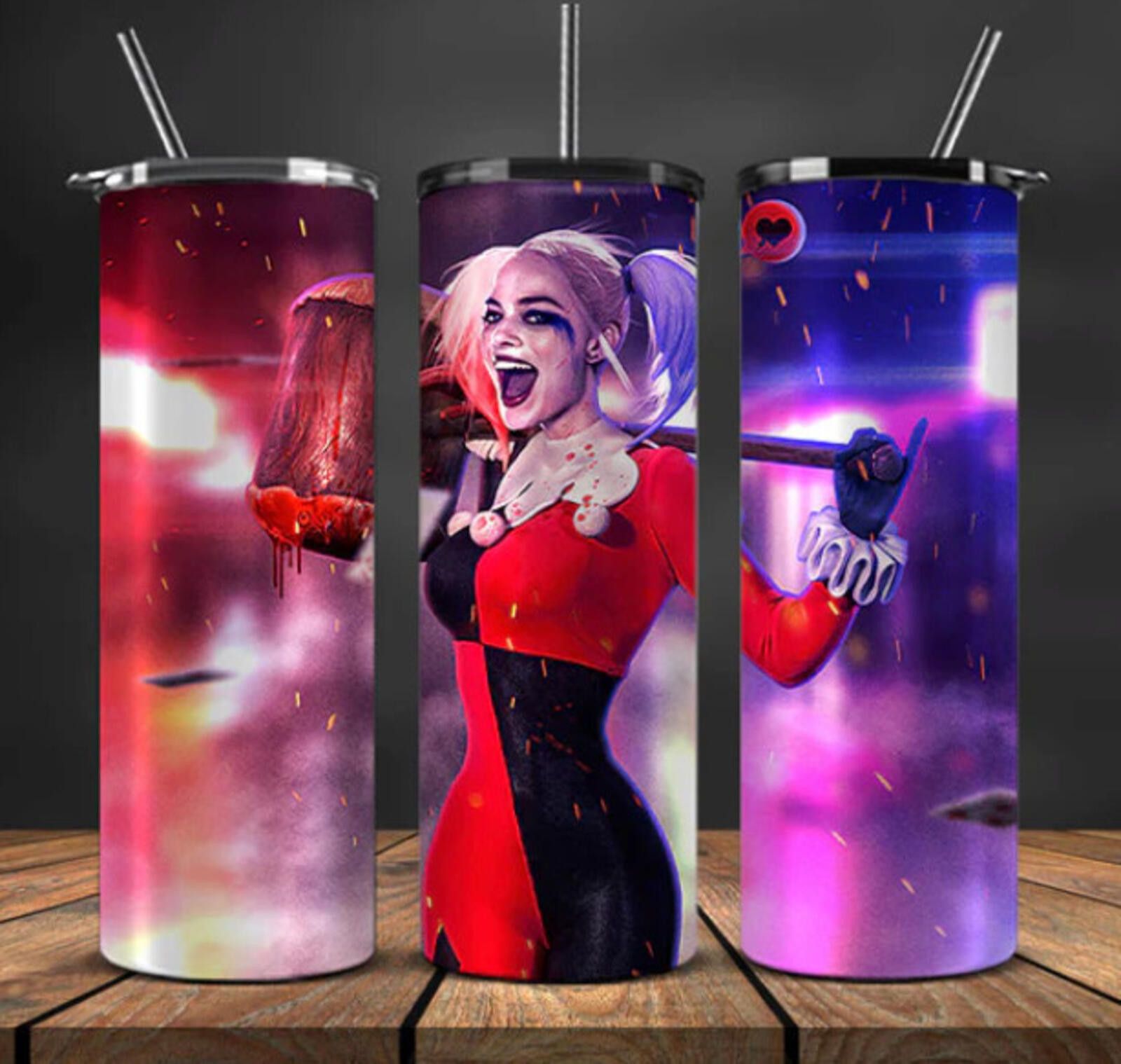 Handmade Stainless Steel 20 Oz Tumbler Harley Quinn Big Smile Size ONE SIZE - 1 Thumbnail