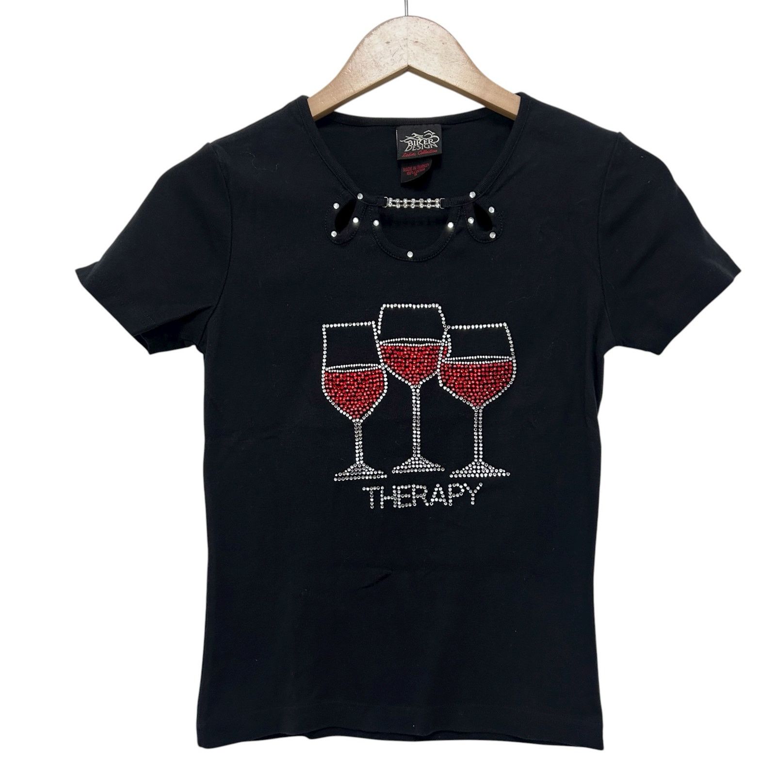 Other Biker Design Black Rhinestone Wine Therapy T Shirt Sz S Size S / US 4 / IT 40 - 1 Thumbnail