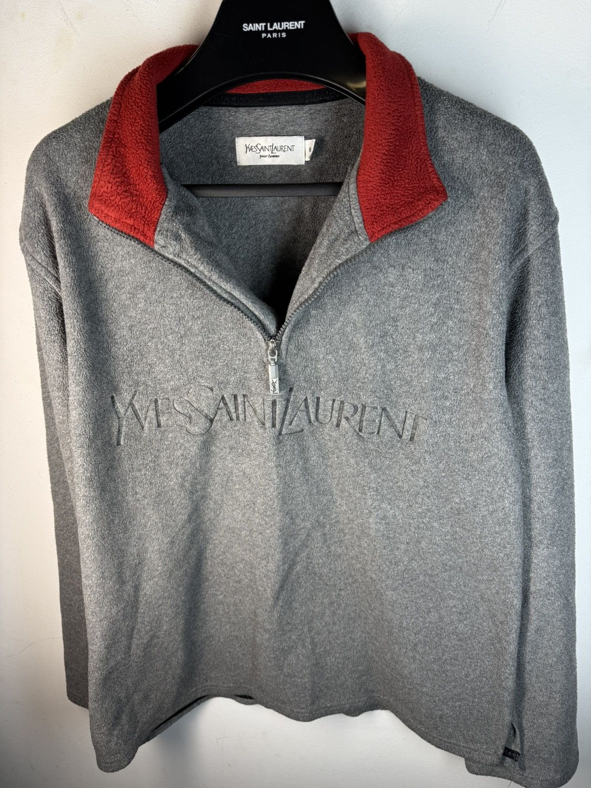 Yves Saint Laurent Fleece YSL Sweatshirt 1/4 Quarter Zip Big Logo Grey Vintage Size US M / EU 48-50 / 2 - 8 Thumbnail