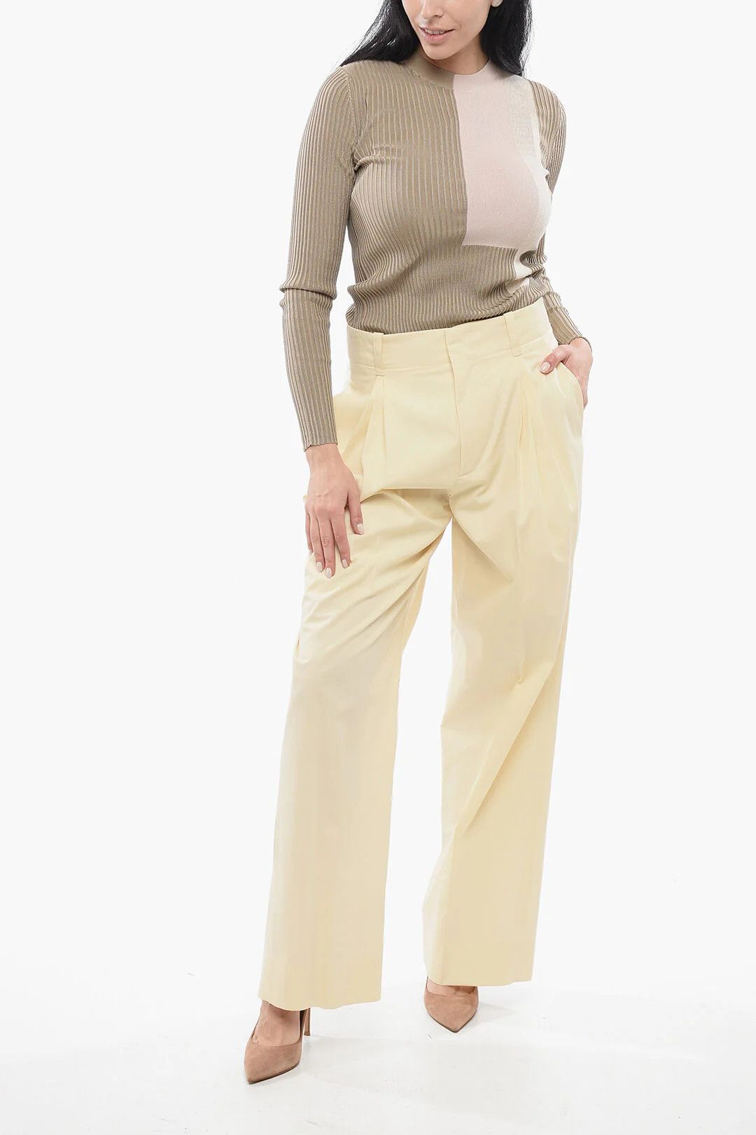 Bottega Veneta og1mm0426 Silk-Blend Palazzo Pant in Beige Size 27" / US 4 / IT 40 - 4 Thumbnail