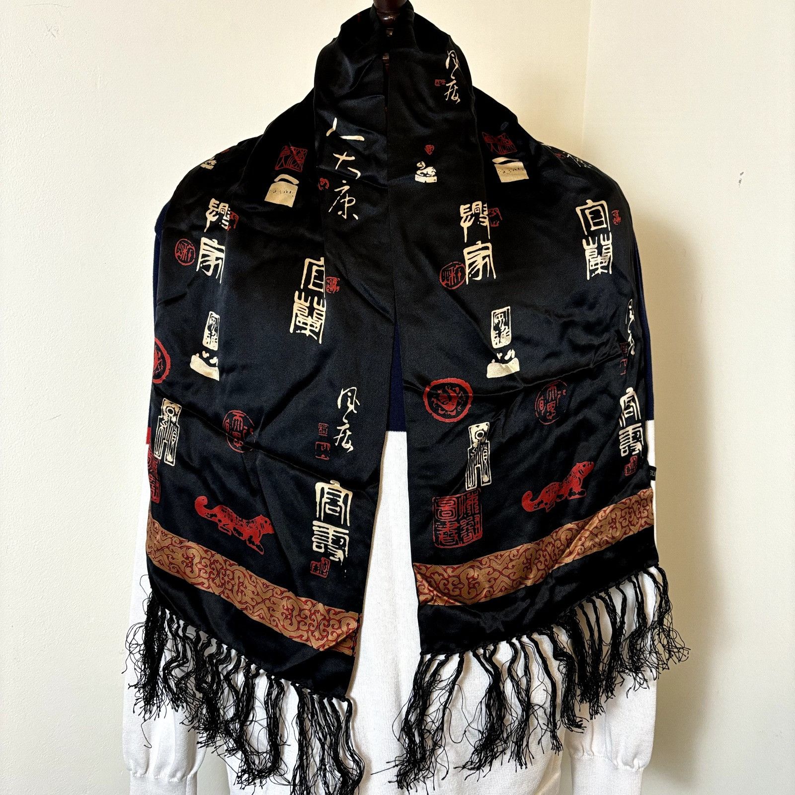Other Pure Silk Black Scarf Wrap Shawl 10.5" x 49" with Fringe VTG Size ONE SIZE - 7 Thumbnail