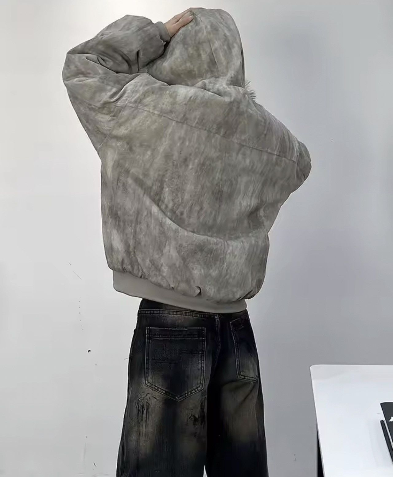Distressed Acid-Wash Bomber Jacket - Faux Fur Hood