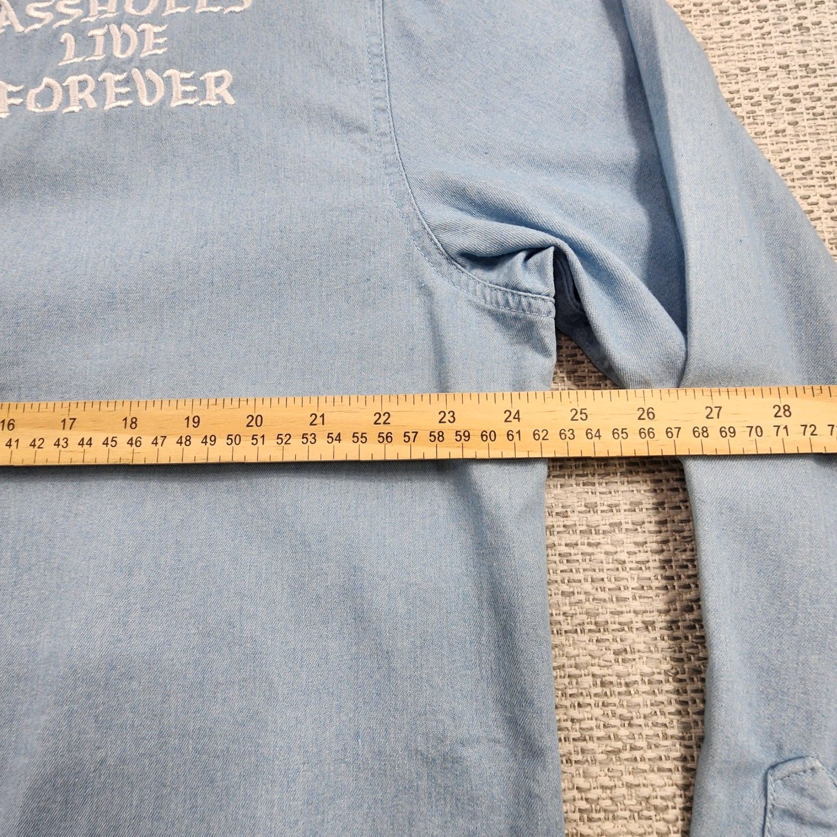 Denime Aholes Live Forever Shirt 2XL Mens Blue Denim Button Up Embroidered Slogan XXL Size US XXL / EU 58 / 5 - 6 Thumbnail