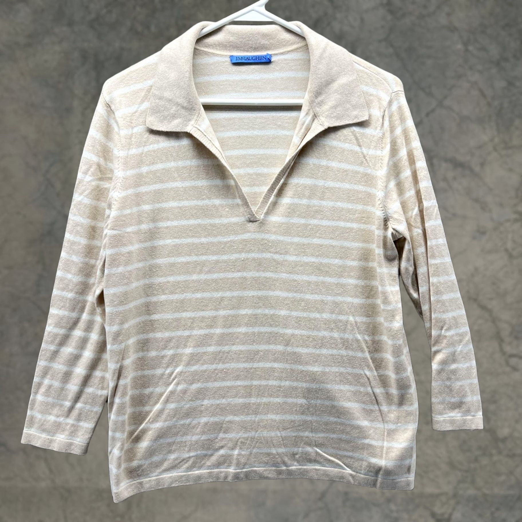 J.McLaughlin J. McLaughlin Polo Shirt Womens Medium Beige Stripe 3/4 Sleeve Collared Top Size M / US 6-8 / IT 42-44 - 1 Thumbnail