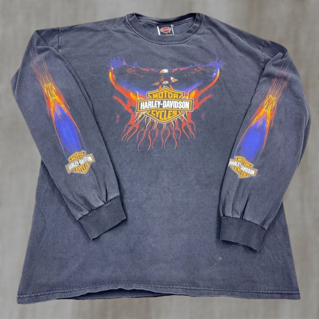 Harley Davidson VINTAGE Harley-Davidson Shirt Men Large Black Graphic Print 80s USA Logo Long Sleeve Fire Flames Eagle Size US L / EU 52-54 / 3 - 1 Thumbnail