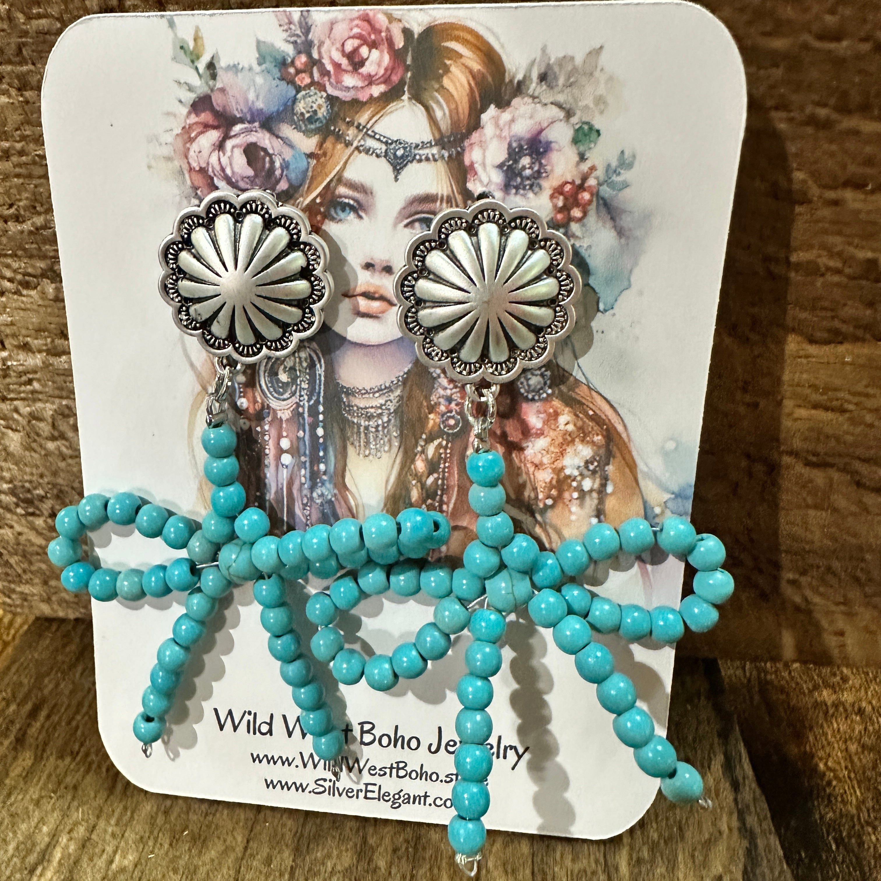 Other Handmade Ribbon Bow Post Earrings with Turquoise Beads, West Size ONE SIZE - 6 Thumbnail