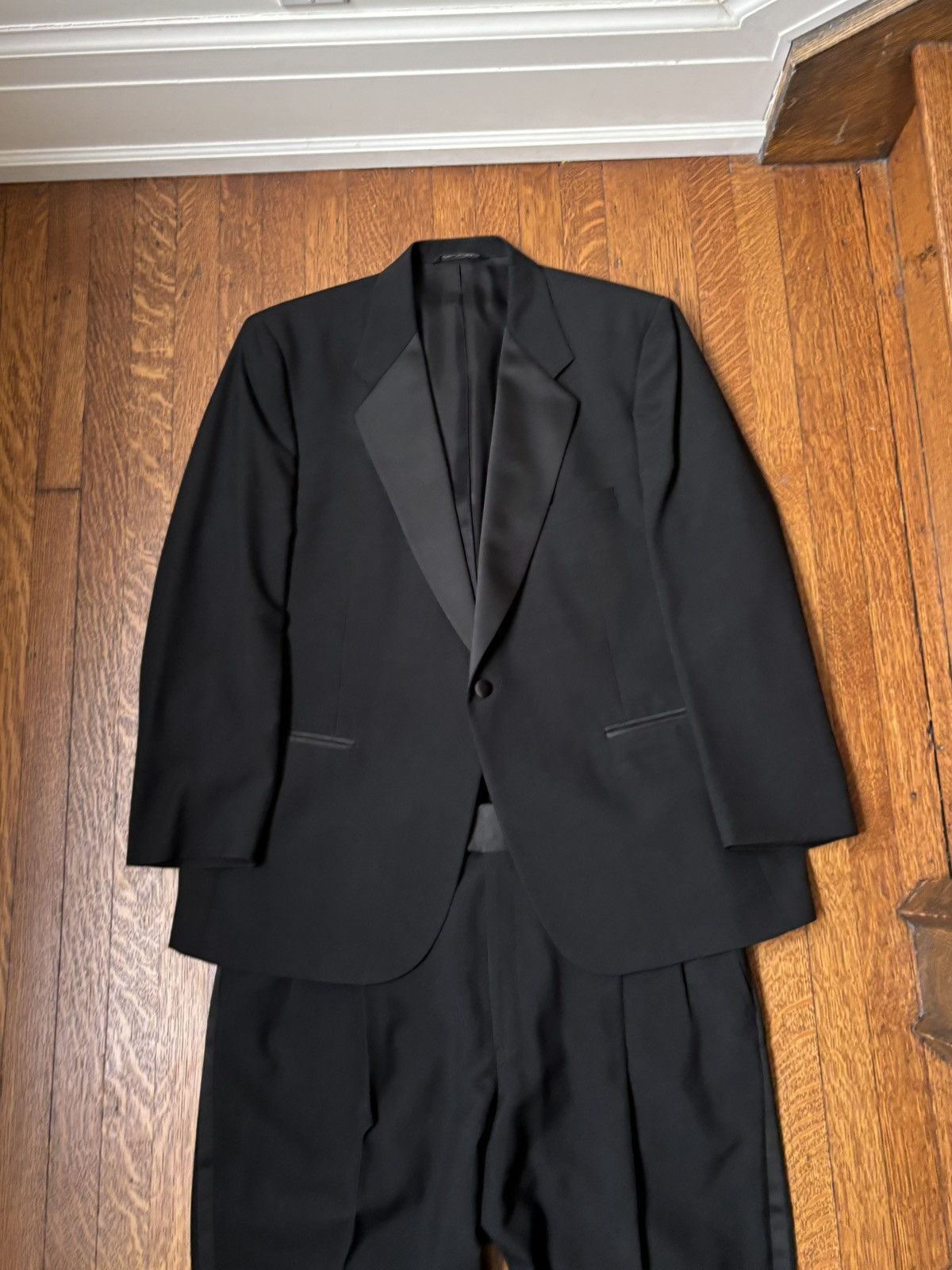 Vintage 90s Vintage Tuxedo 1990s 2-Piece Suit Set Black Tux Formal L Size 44R - 19 Thumbnail