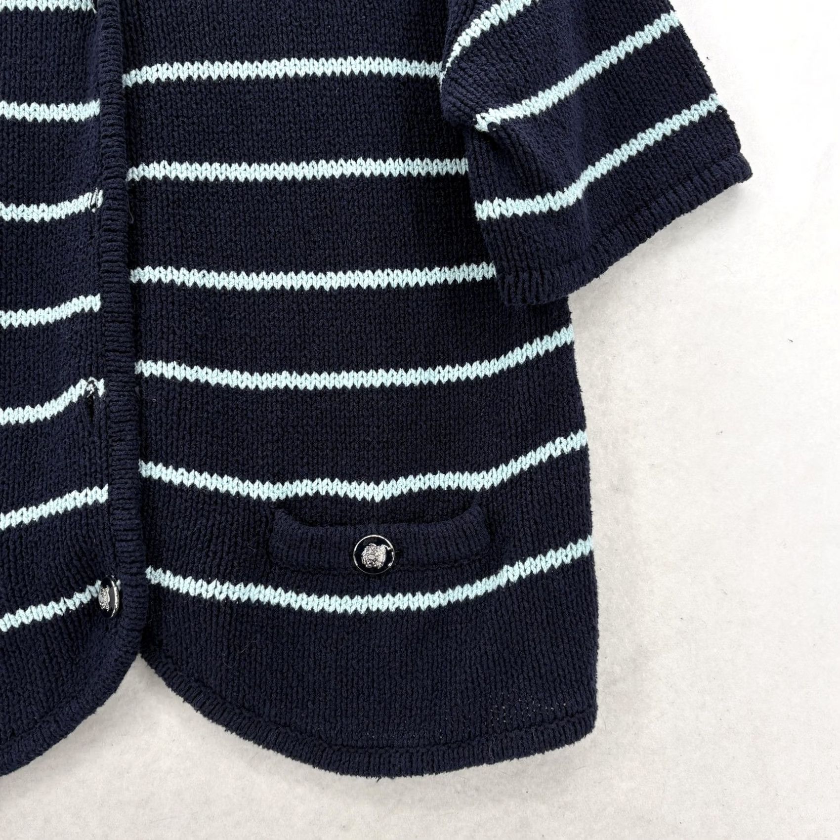 Talbots Talbots Cardigan Sweater Womens L Blue Stripe Nautical Pockets Short Sleeve V-Neck Knit Cotton Blend Nylon Dolman Sleeve Relaxed Casual 90s Theme? Size L / US 10 / IT 46 - 3 Thumbnail