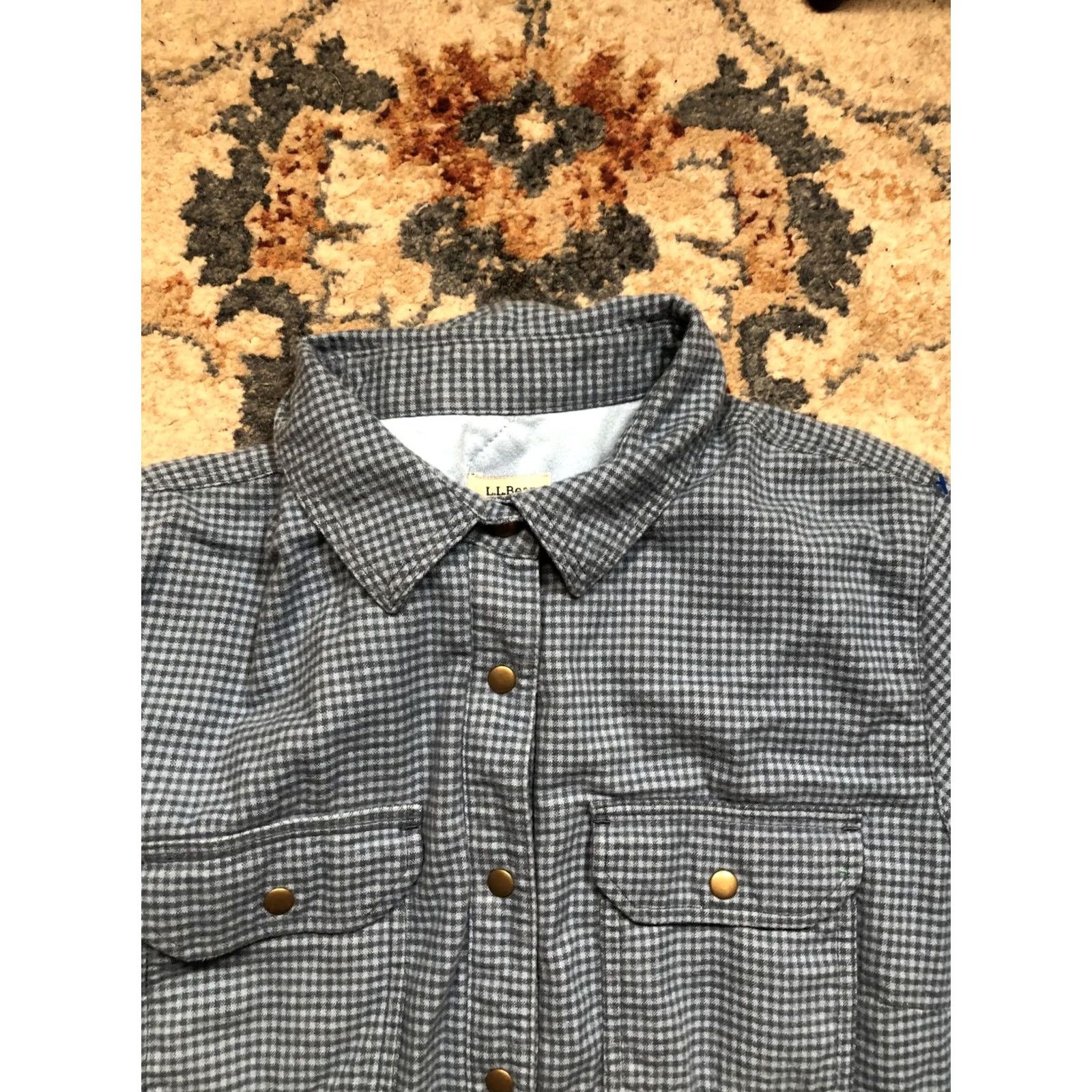 Vintage LL Bean Shirt Jacket Womens Medium Gray Blue Plaid Quilted Insulated Snap Front Size M / US 6-8 / IT 42-44 - 2 Thumbnail