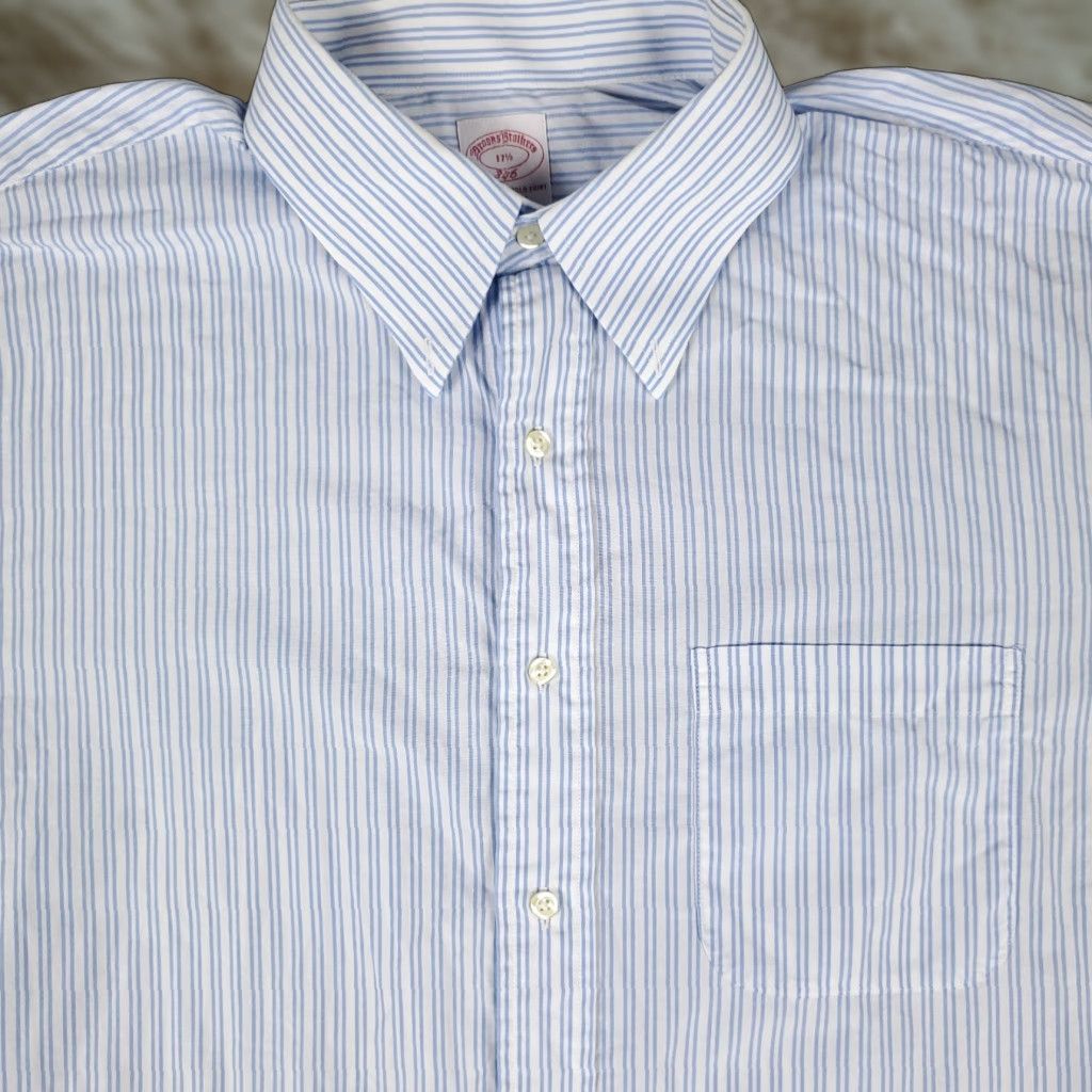 Brooks Brothers Brooks Brothers Shirt Mens 17.5 Blue Striped Regent Dress Button Up Short Sleeve Size 46R - 1 Thumbnail