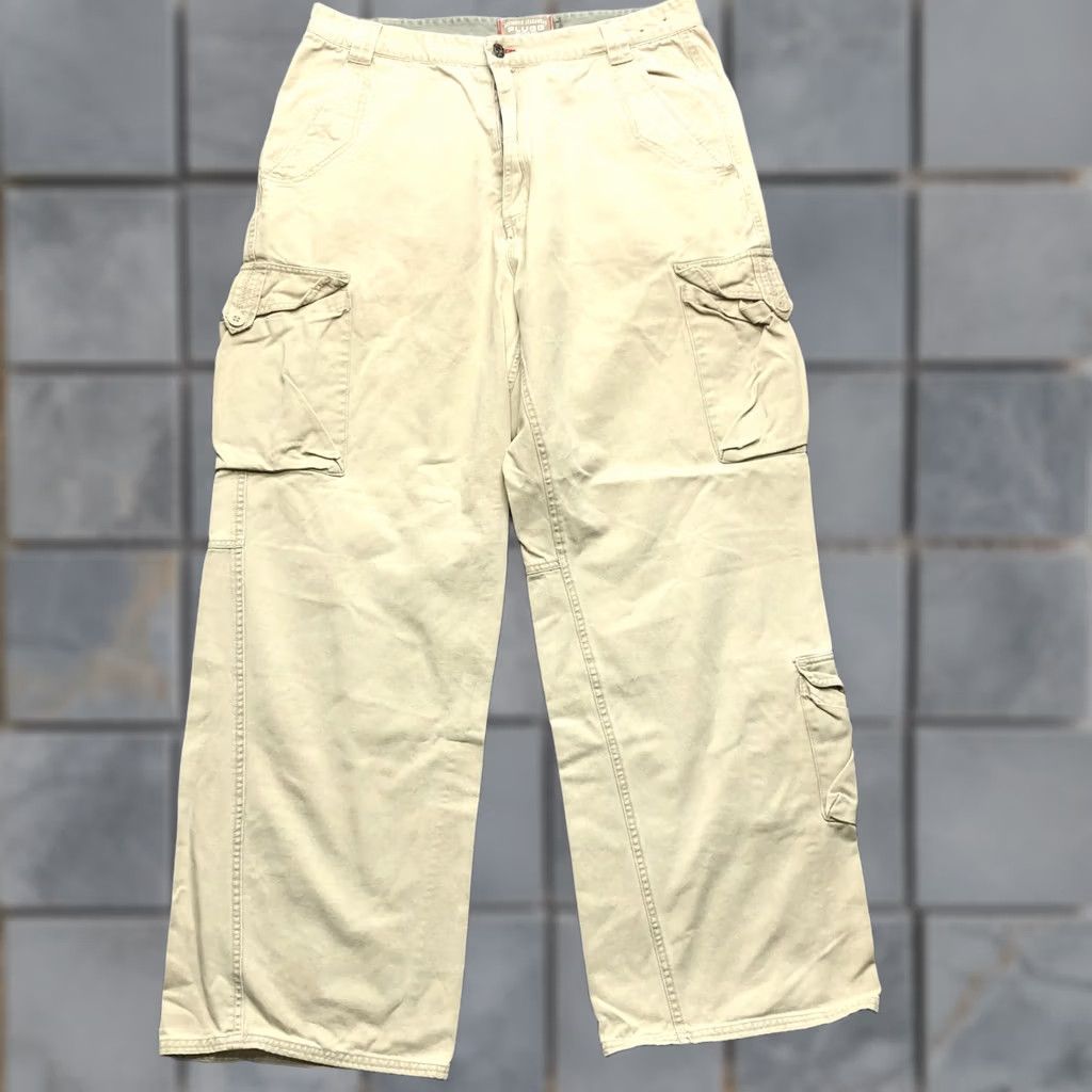 Vintage Plugg Mens Cargo Pants Beige 34x30 Regular Relaxed Fit Pockets Casual Denim Style Cotton Front Snap Flat Front Size US 34 / EU 50 - 1 Thumbnail