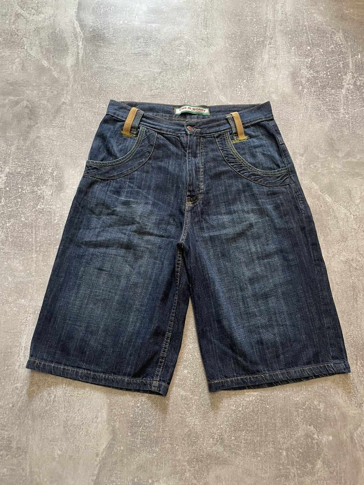 Time is Money Embroidered Logo Jnco Style Baggy Denim Shorts