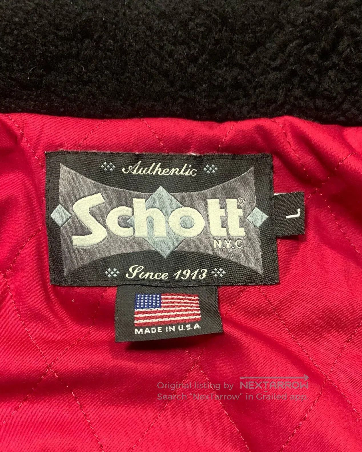 Schott black leather motorcycle jacket with fur collar. Size US L / EU 52-54 / 3 - 4 Thumbnail