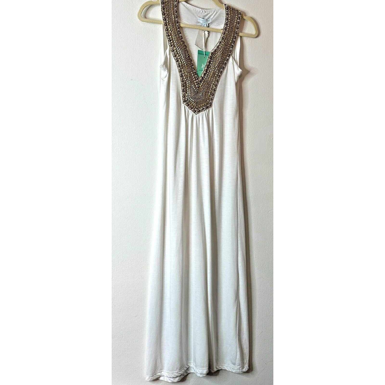 NWT Elizabeth Hurley Beach White Jemima Maxi Gold Bead Med