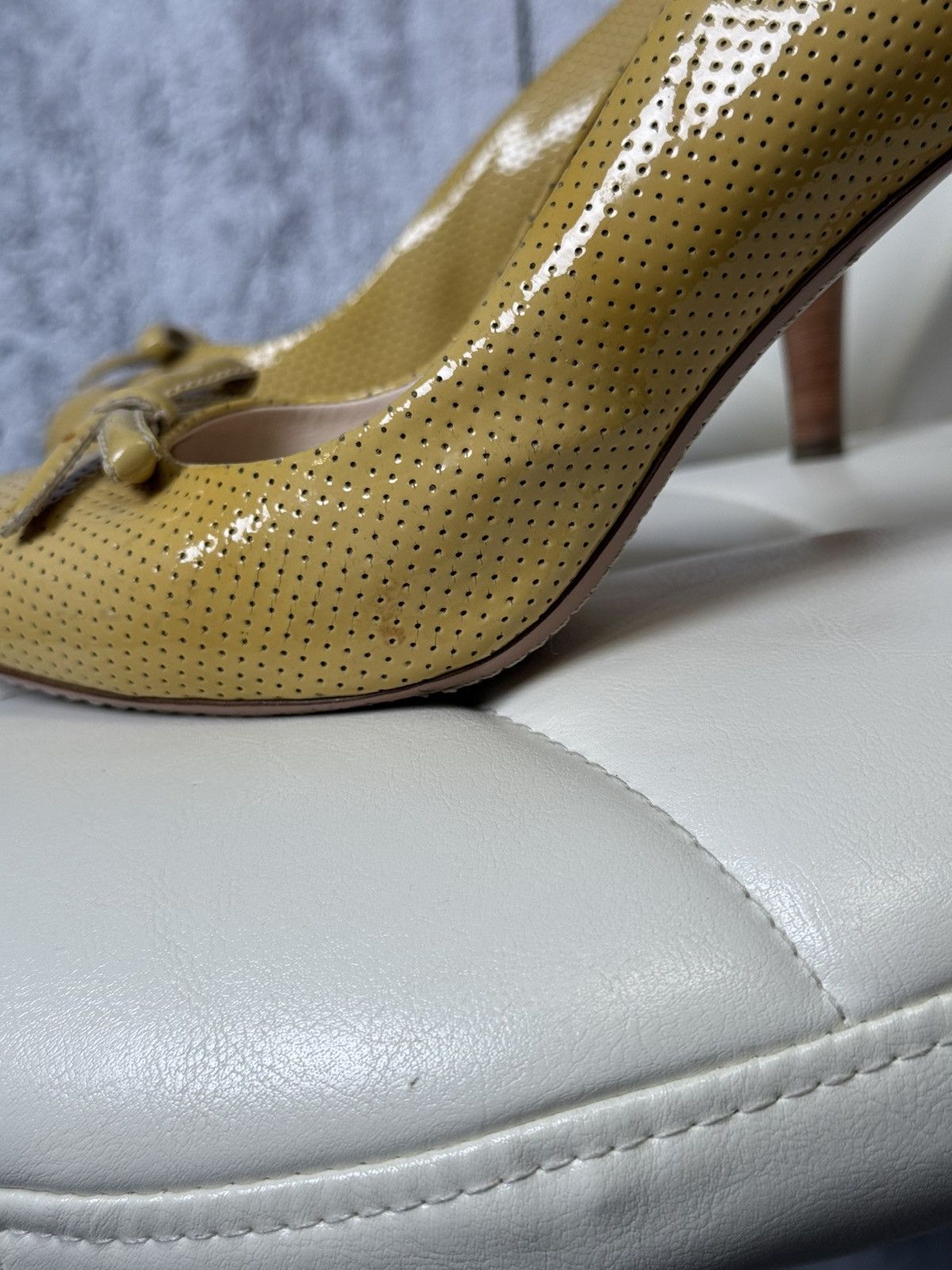 Prada Prada Sport Yellow Perforated Leather Bow Wooden Heel Pumps Size US 8 / IT 38 - 12 Thumbnail