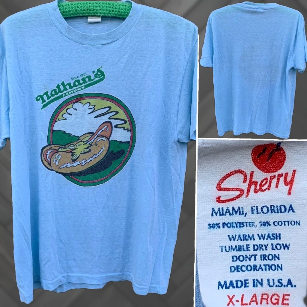 Vintage vintage Nathans Famous hot dogs t shirt XL blue graphic tee sportswear/Beach Men XS? (error) Size US XL / EU 56 / 4 - 1 Thumbnail