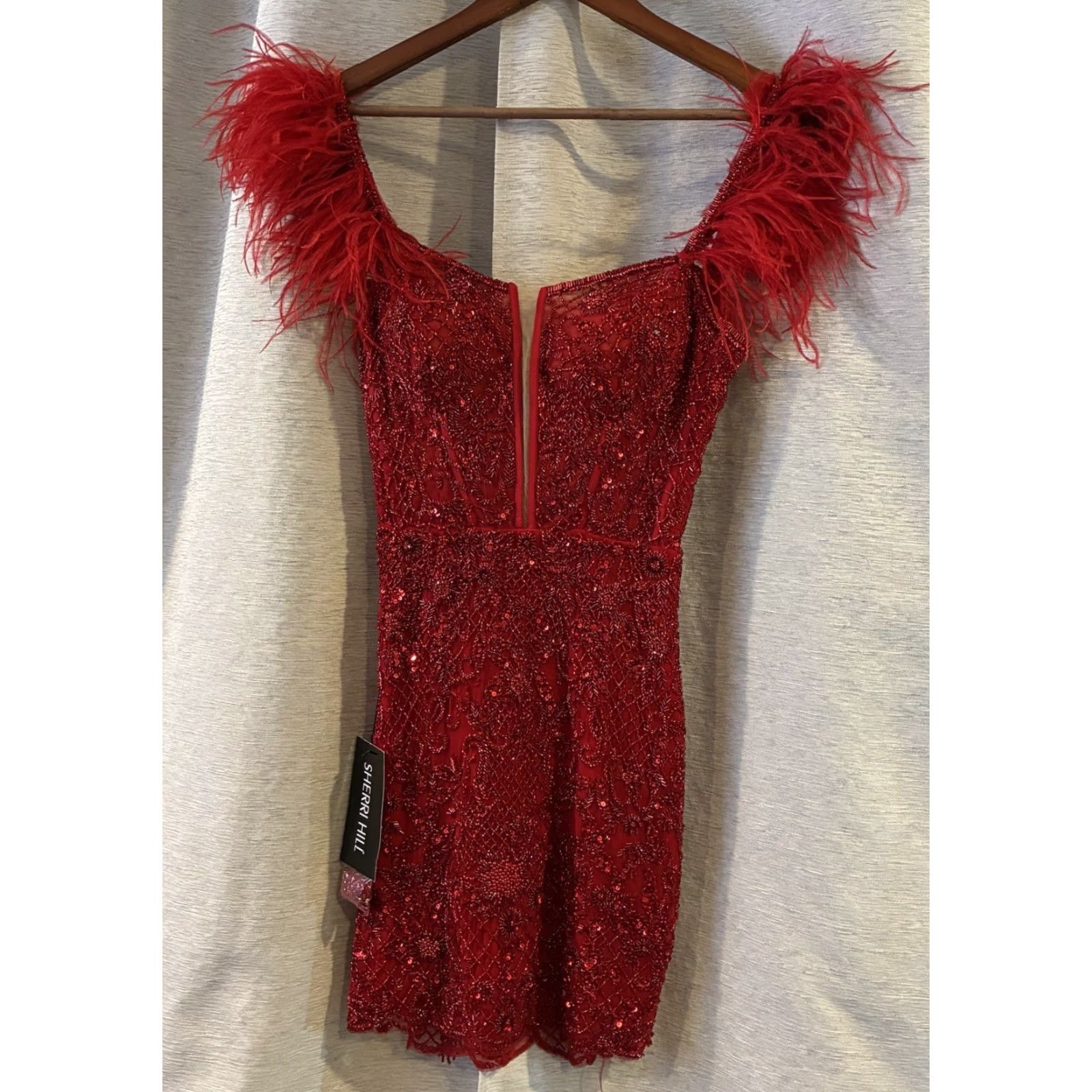Vintage Sherri Hill Dress Short Red Sequin 55148 Off Shoulder A-Line NWT Size 4 Womens Feathers Prom NWT Size 27" / US 4 / IT 40 - 2 Thumbnail