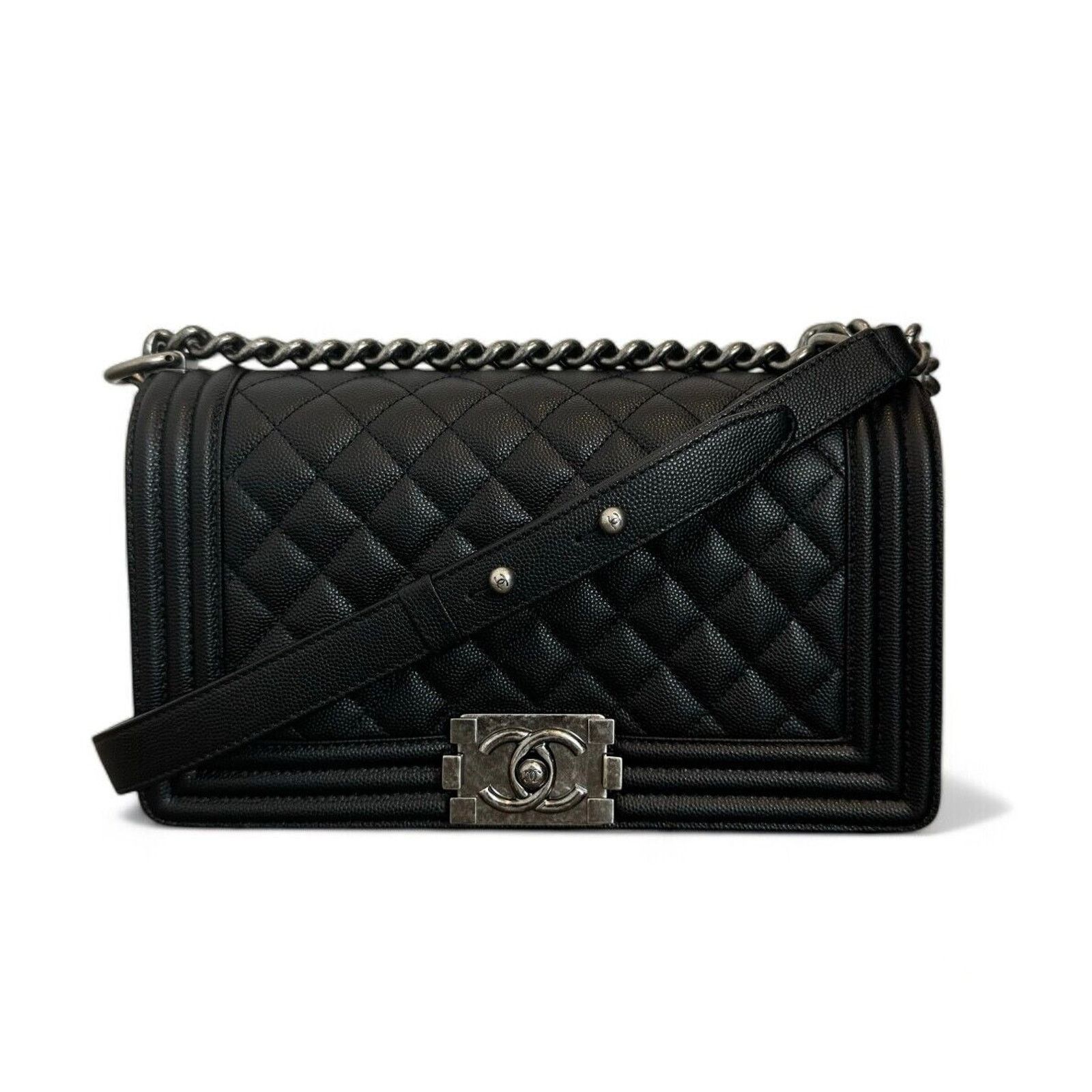 Chanel Boy Black Silver Chain Calfskin Shoulder Bag, Women's
