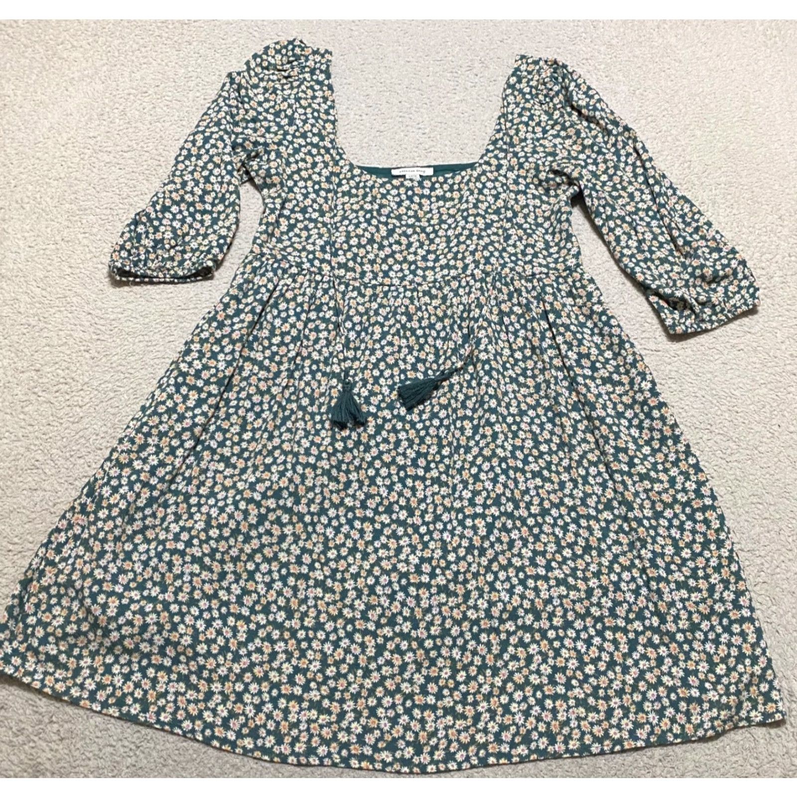 American Eagle Outfitters American Eagle Dress Womens Small Green Floral Square Neck Mini Scoop Back Size S / US 4 / IT 40 - 2 Thumbnail