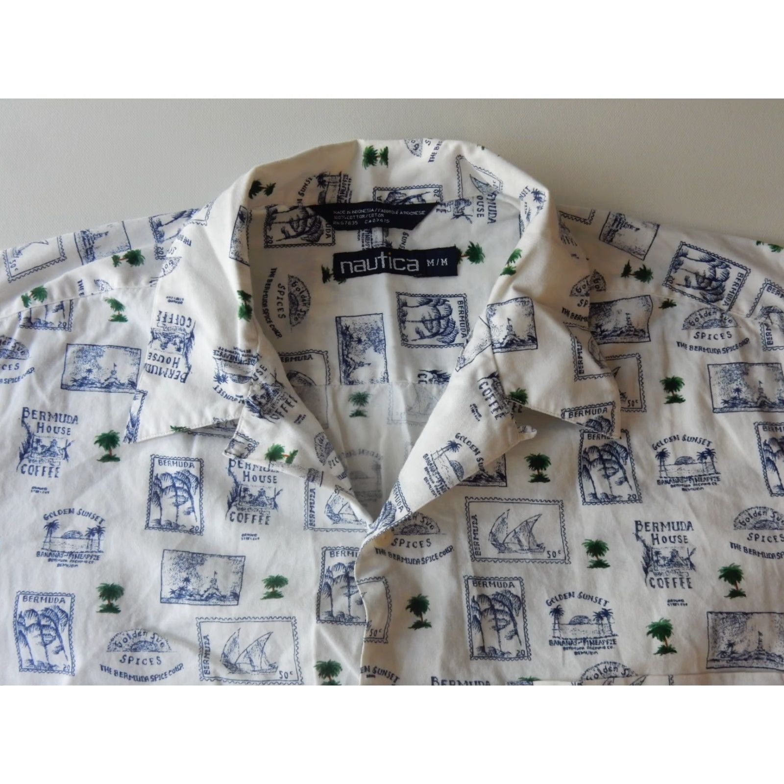 Nautica VTG Nautica Men's Hawaiian Shirt Size M Short Sleeve Button-Up White Cotton Camp Collar Stamp Loop Collar Mens Size US M / EU 48-50 / 2 - 2 Thumbnail