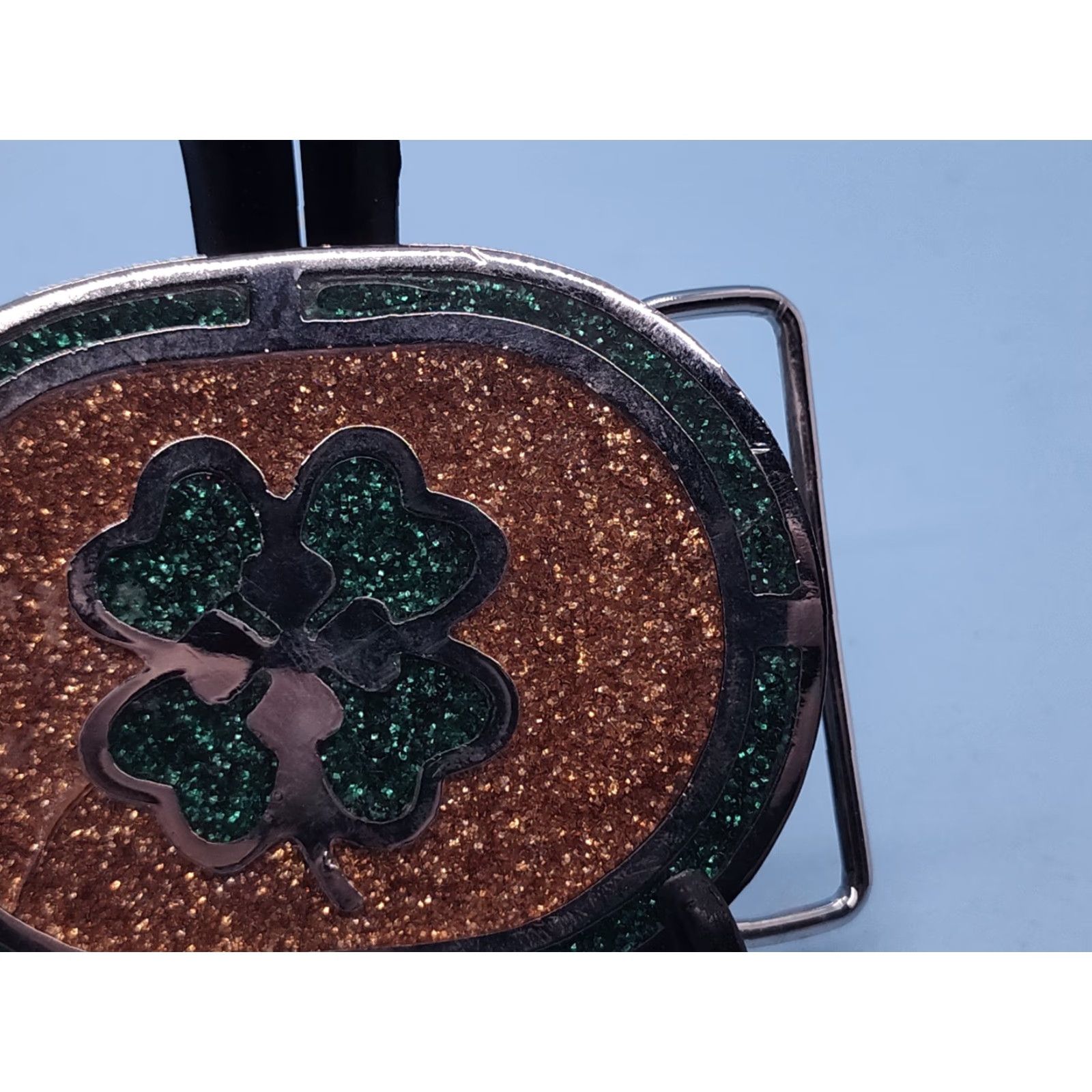 Vintage VINTAGE PSC Belt Buckle Silver Toned Four Leaf Clover Irish 1979 2 1/8" x 3" Glitter Green Orange Womens Mens Unisex Size ONE SIZE - 5 Thumbnail