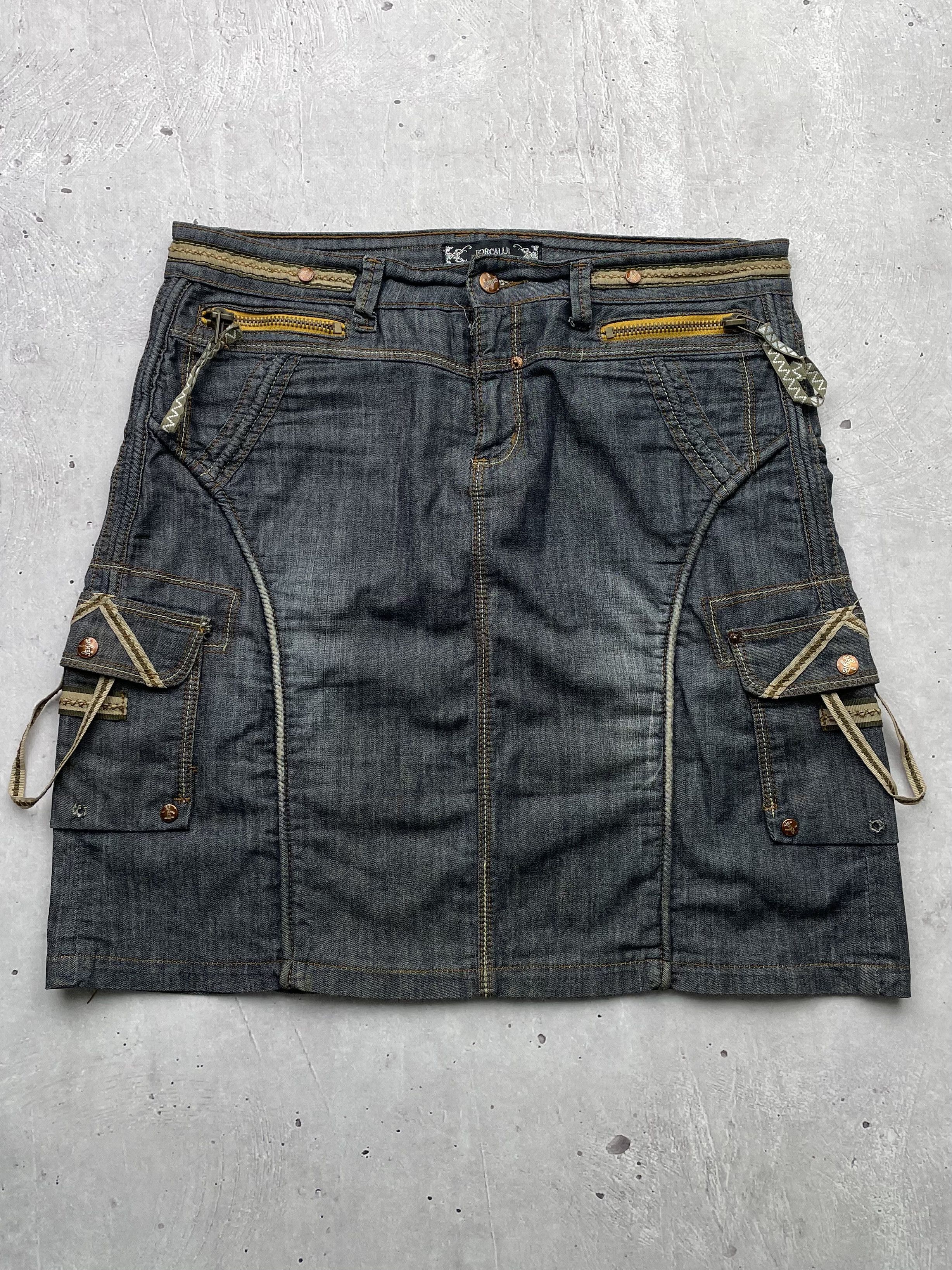 Vintage Vintage Cargo Bondage Denim Mini Skirt Size 34" / US 12 / IT 48 - 1 Thumbnail