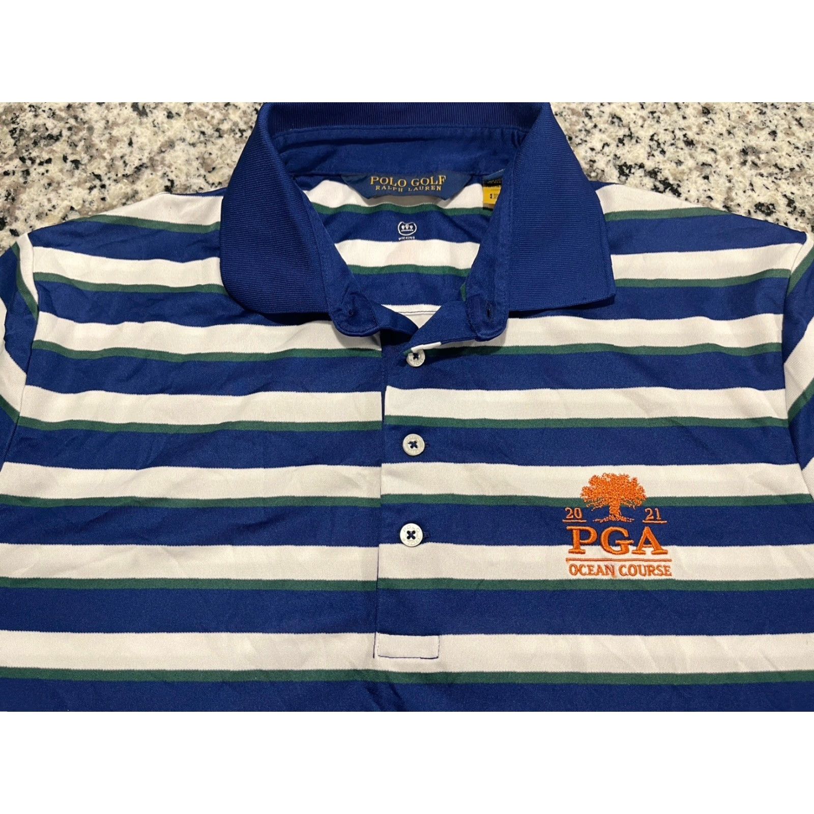 Ralph Lauren Ralph Lauren Polo Golf Mens M Navy / White Striped Short Sleeve 100% Polyester Polo Shirt PGA Ocean Course 2021 Size US M / EU 48-50 / 2 - 3 Thumbnail