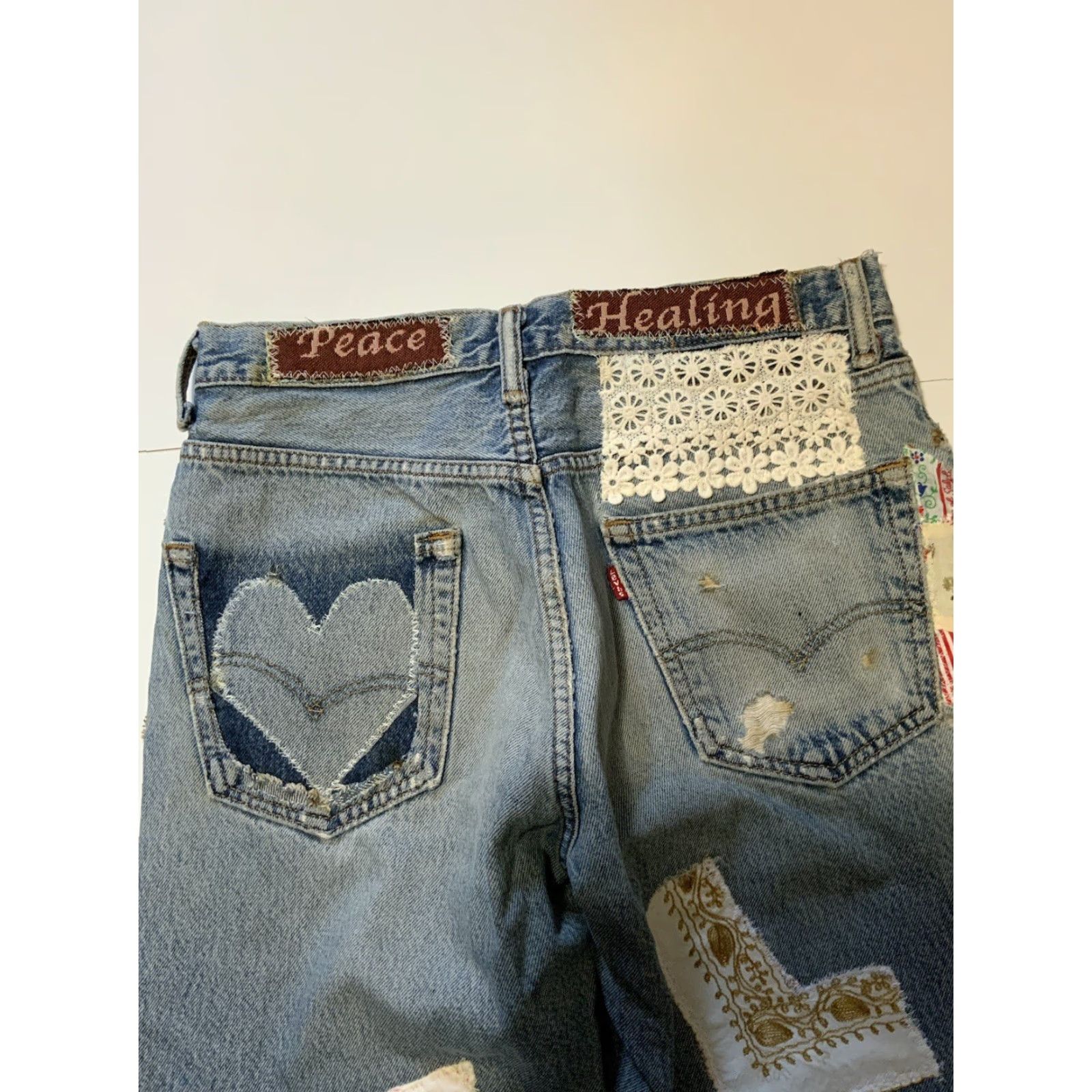 VINTAGE Levis Patchwork Peace Love Butterfly Cherub OOAK Rework 1/1 Denim Jeans - Levi's Jeans, Patchwork, 32x32, Blue, Button Fly, Classic Fit, Mens