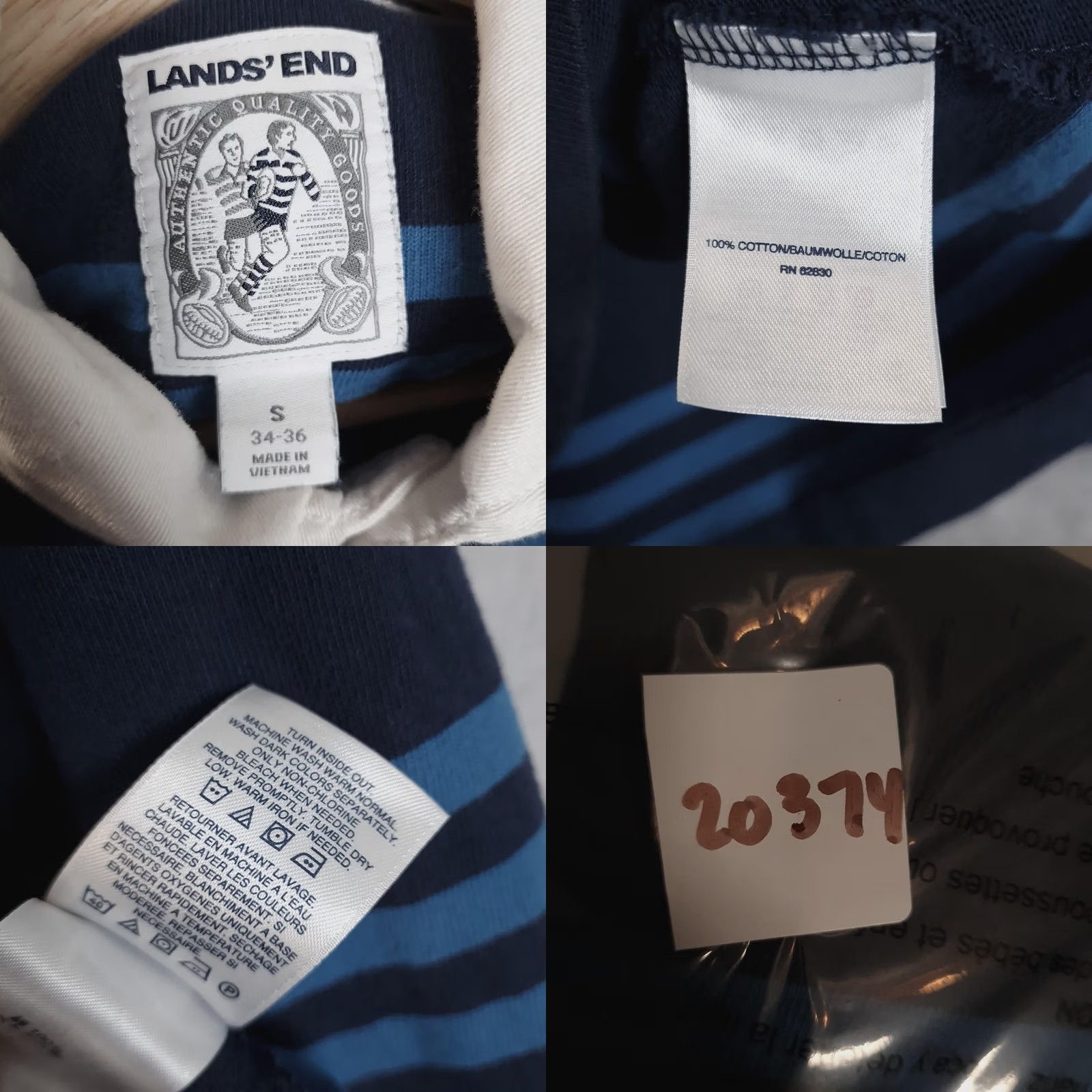 Lands' End Lands' End Rugby Shirt Mens Small Navy Blue Striped Long Sleeve 100% Cotton Casual Top Size US S / EU 44-46 / 1 - 10 Thumbnail