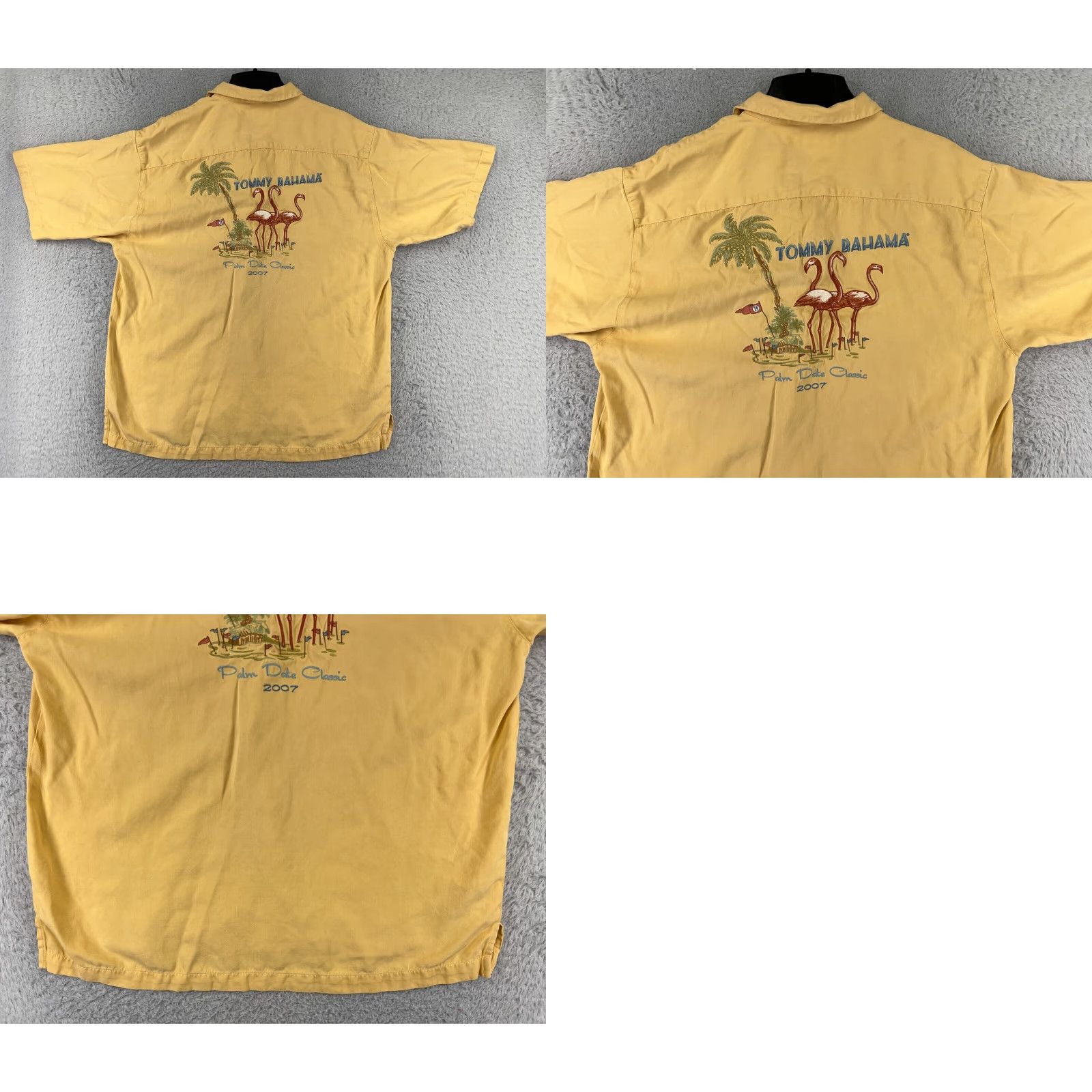 Tommy Bahama VINTAGE Tommy Bahama Shirt Men Large Yellow Silk Palm Date 2007 Aloha, Beach, Hawaiian, Vacation, Resort Button-Up Shirt Mens Size US L / EU 52-54 / 3 - 9 Thumbnail