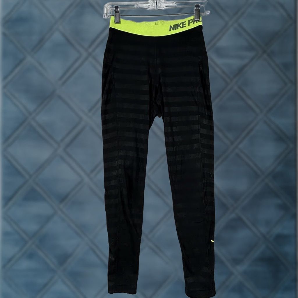 Nike Nike Pro Compression Pants Women S Black Neon Yellow Band Run Gym Athletic Size 28" / US 6 / IT 42 - 1 Thumbnail