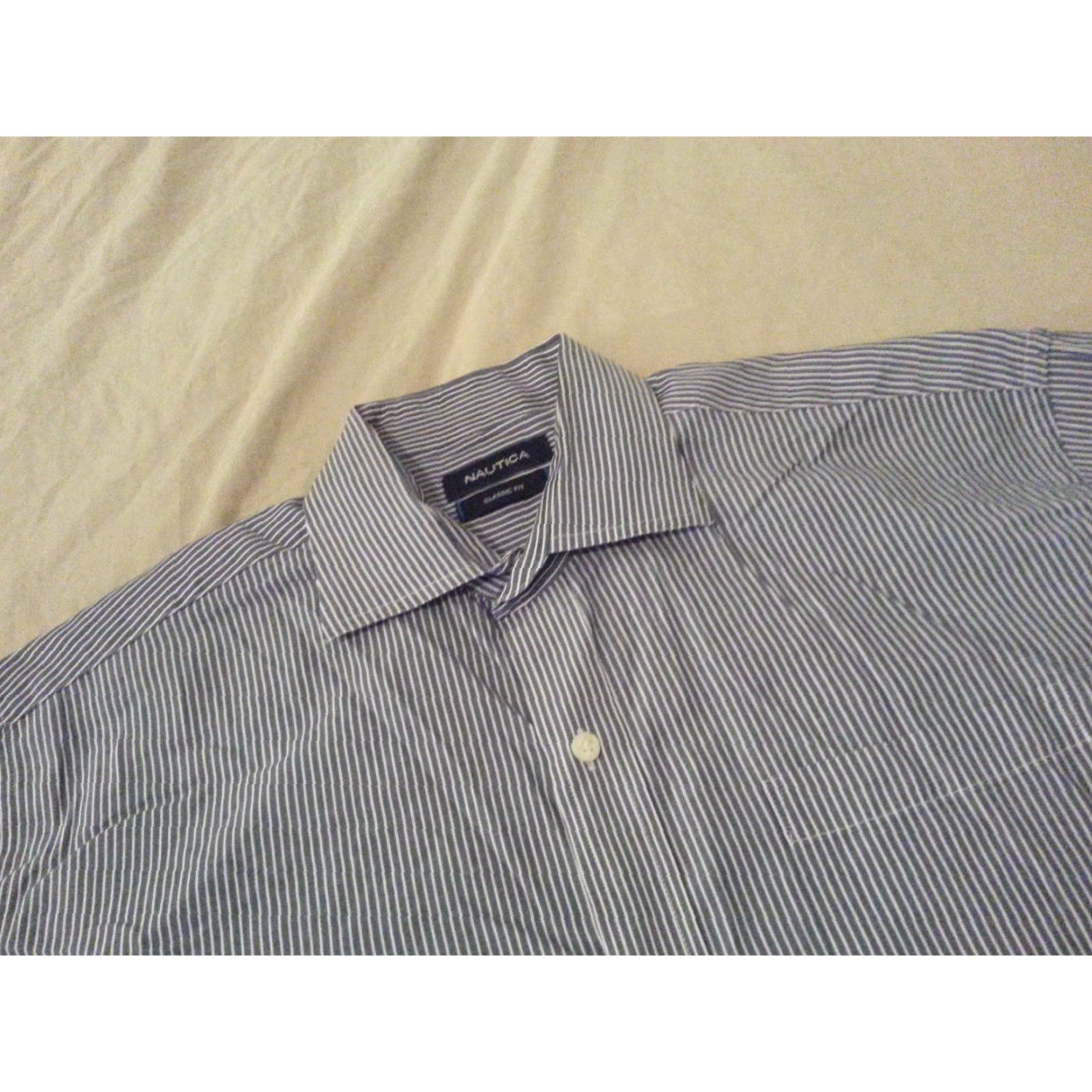 Nautica Nautica Dress Shirt Mens L Gray Stripes Cotton Long Sleeve Button Shirt Size 42R - 3 Thumbnail