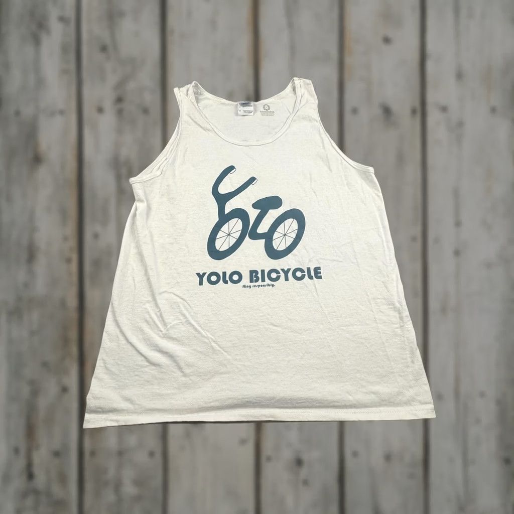 Gildan VINTAGE? NO -> None. Title: YOLO Bicycle Tank Top Mens Medium White Gildan Size US M / EU 48-50 / 2 - 1 Thumbnail