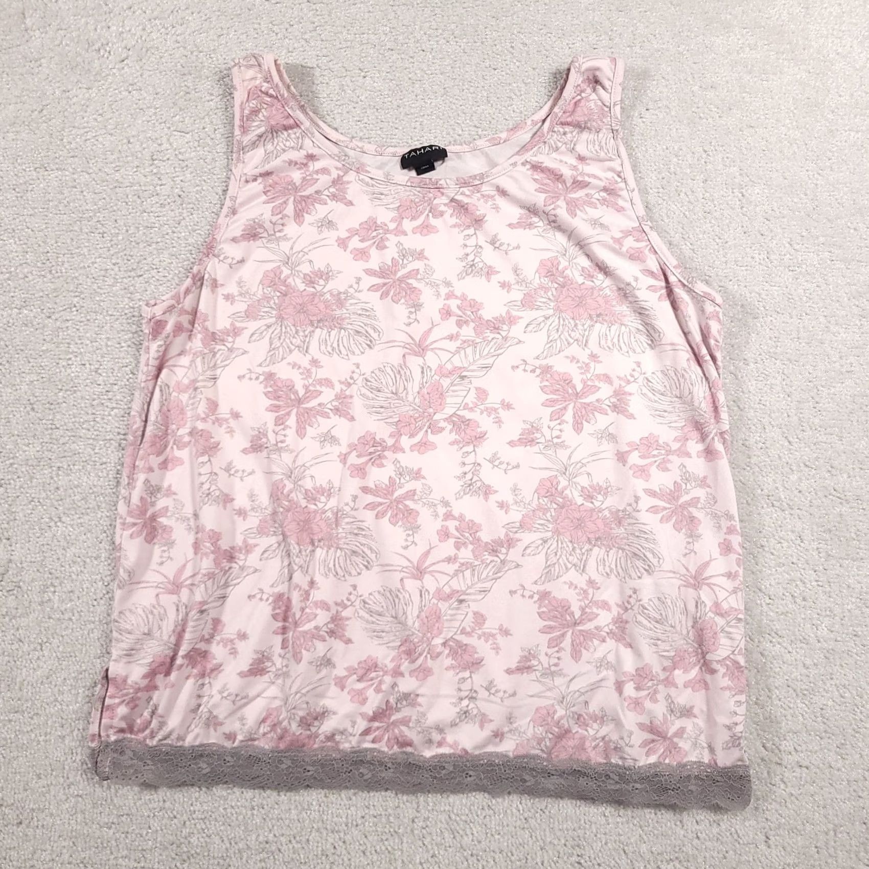 Vintage Tahari Tank Top Womens XL Pink Floral Lace Trim Sleeveless Pajama Shirt Size XL / US 12-14 / IT 48-50 - 2 Thumbnail
