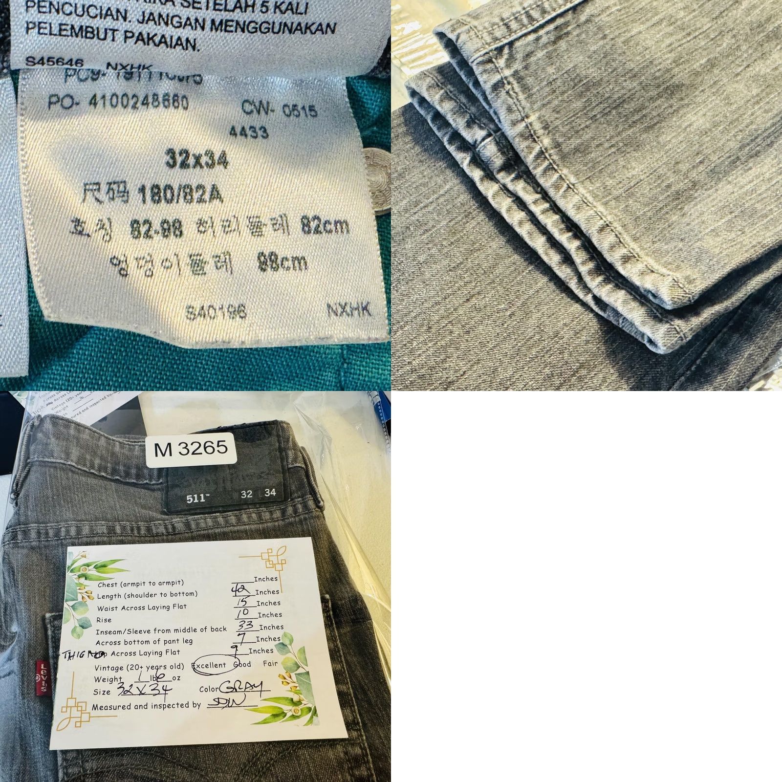 Levi's Levis 511 Jeans Mens 32x33 Gray Light Wash Slim Taper Stretch Denim Zip Fly Size US 32 / EU 48 - 8 Thumbnail
