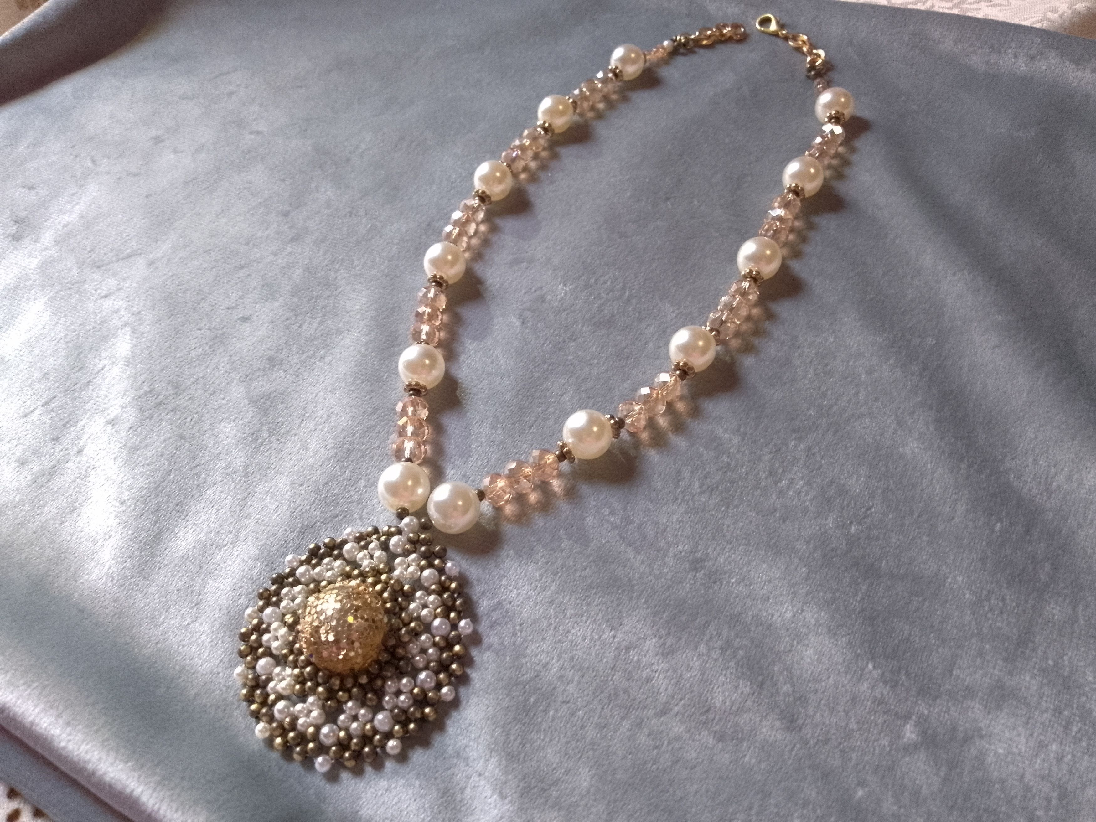 Handmade Necklace.Long Vintage style. Crystal Pearls beaded Pendant Size ONE SIZE - 9 Thumbnail