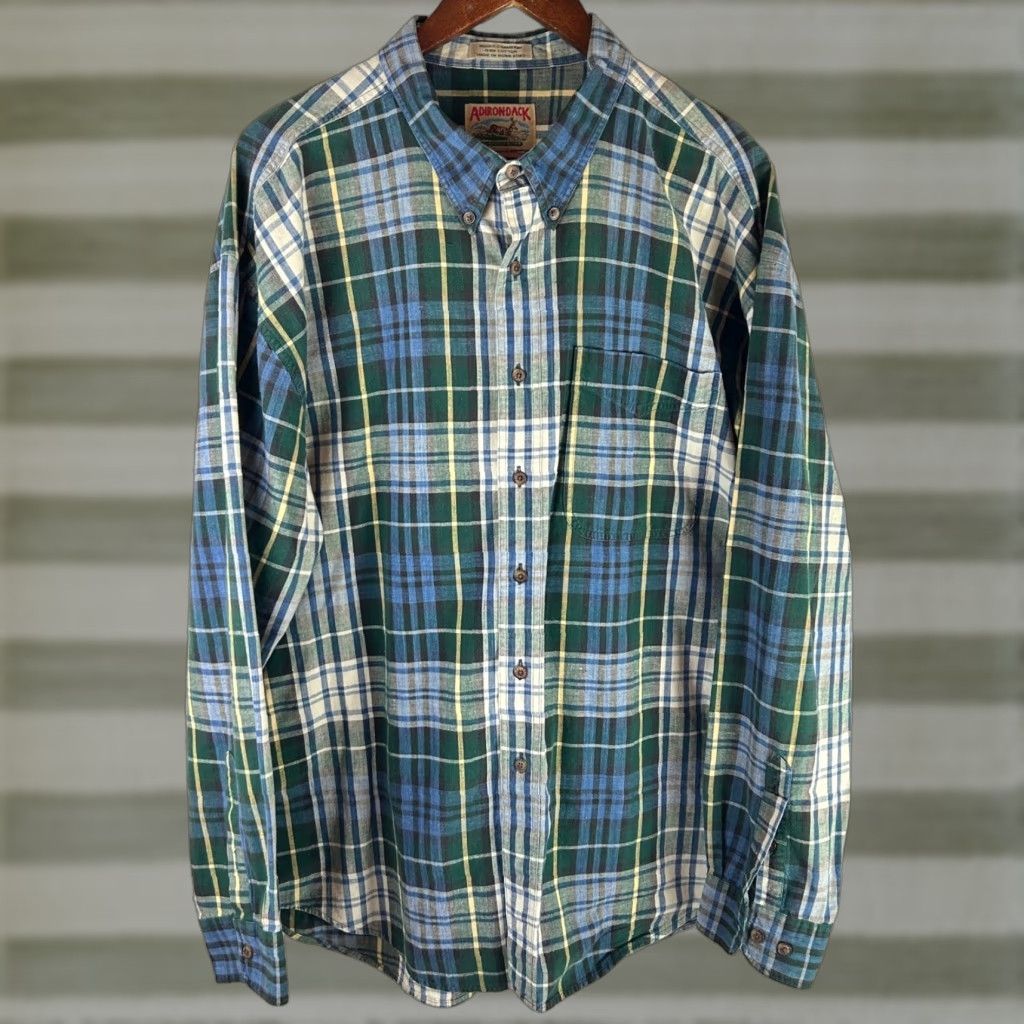 Vintage VINTAGE Adirondack Indigo Chambray Plaid Long Sleeve Button-Up Shirt Men XXL Green Plaid Chest Pocket Casual Fall Winter Mens Size US XXL / EU 58 / 5 - 1 Thumbnail