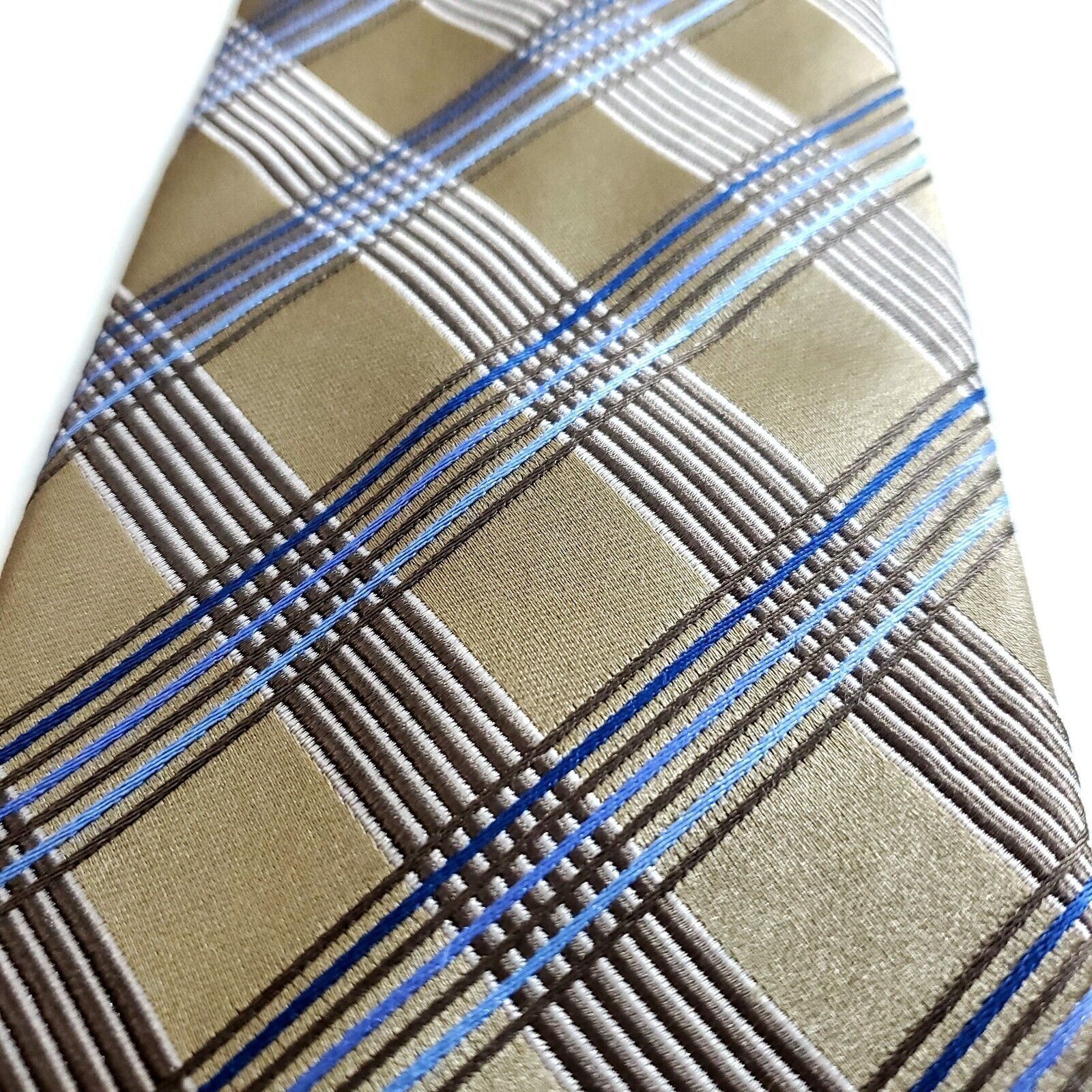 Banana Republic Banana Republic Gold Tan Blue Plaid Woven Wide Silk Tie Size ONE SIZE - 2 Thumbnail